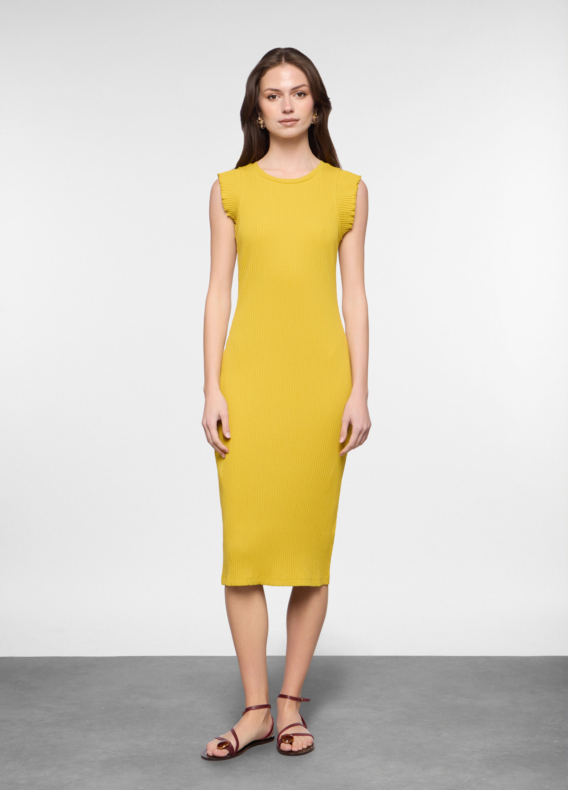 Abito lungo fitted in costina di cotone stretch donna_0
