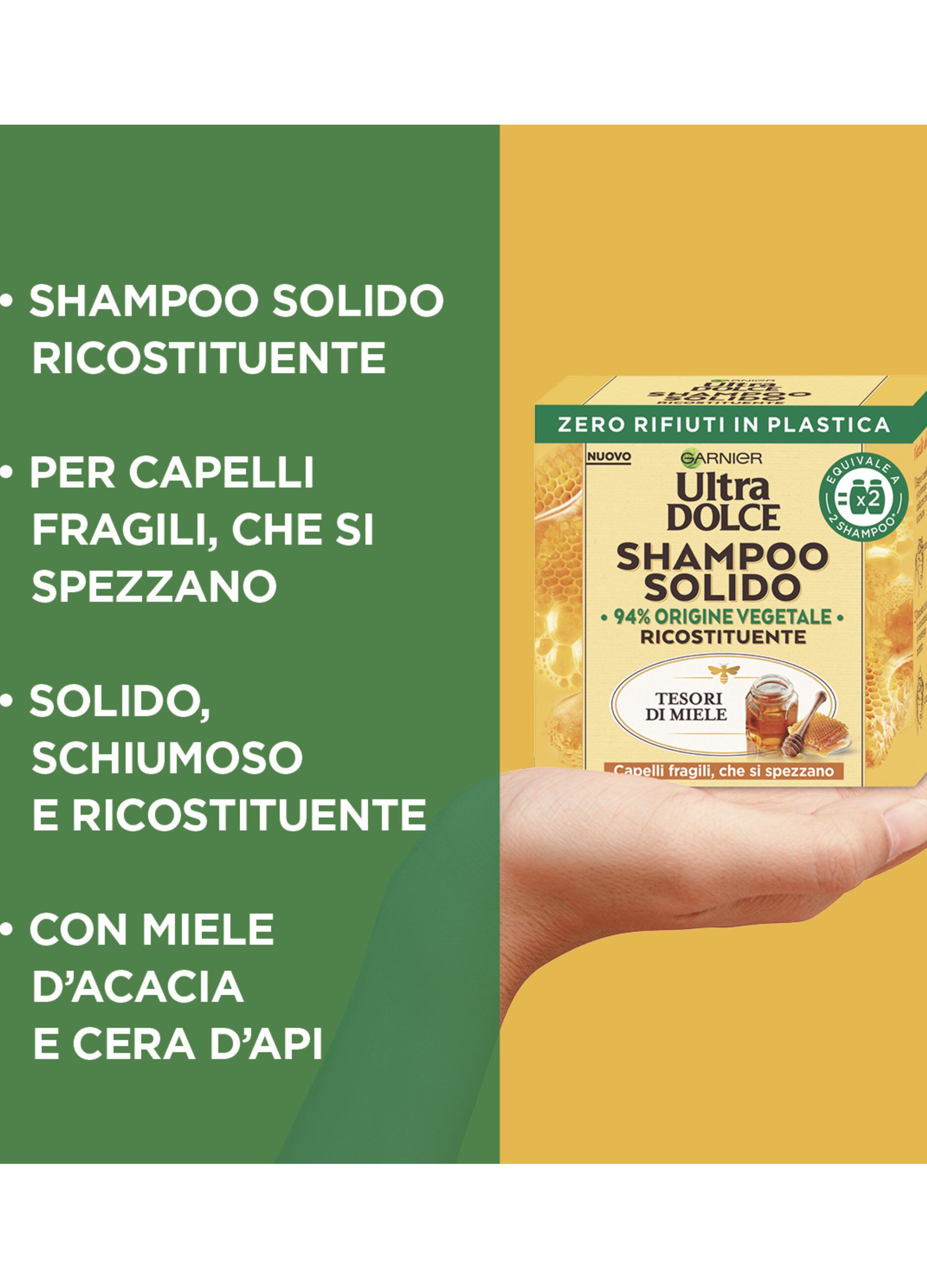 Garnier Ultra Dolce Shampoo Solido Tesori di Miele, Per Capelli Fragili che si Spezzano, Con packaging 100% ecologico plastic-free, 60 gr.