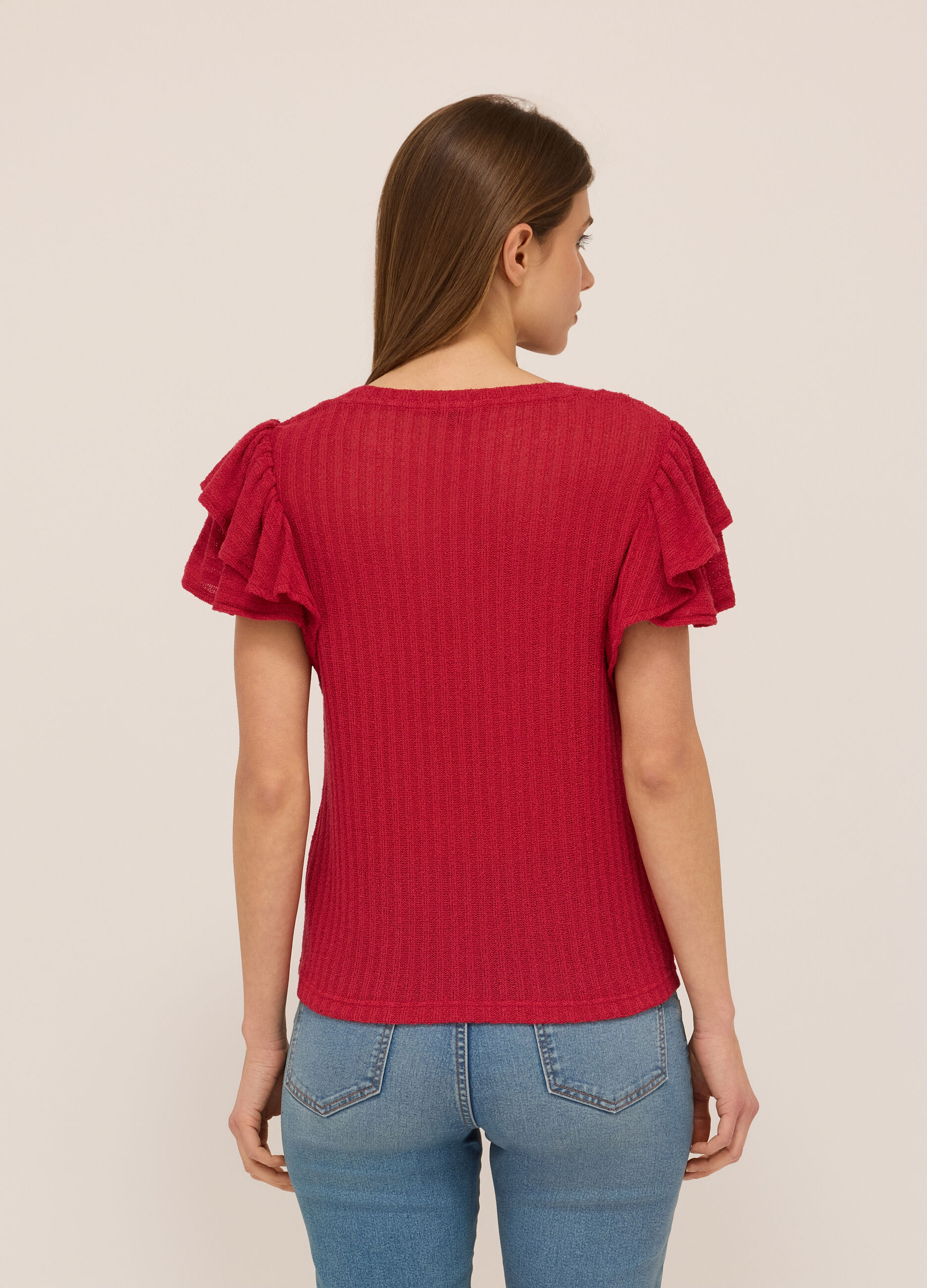T-shirt in costina con rouches donna_1