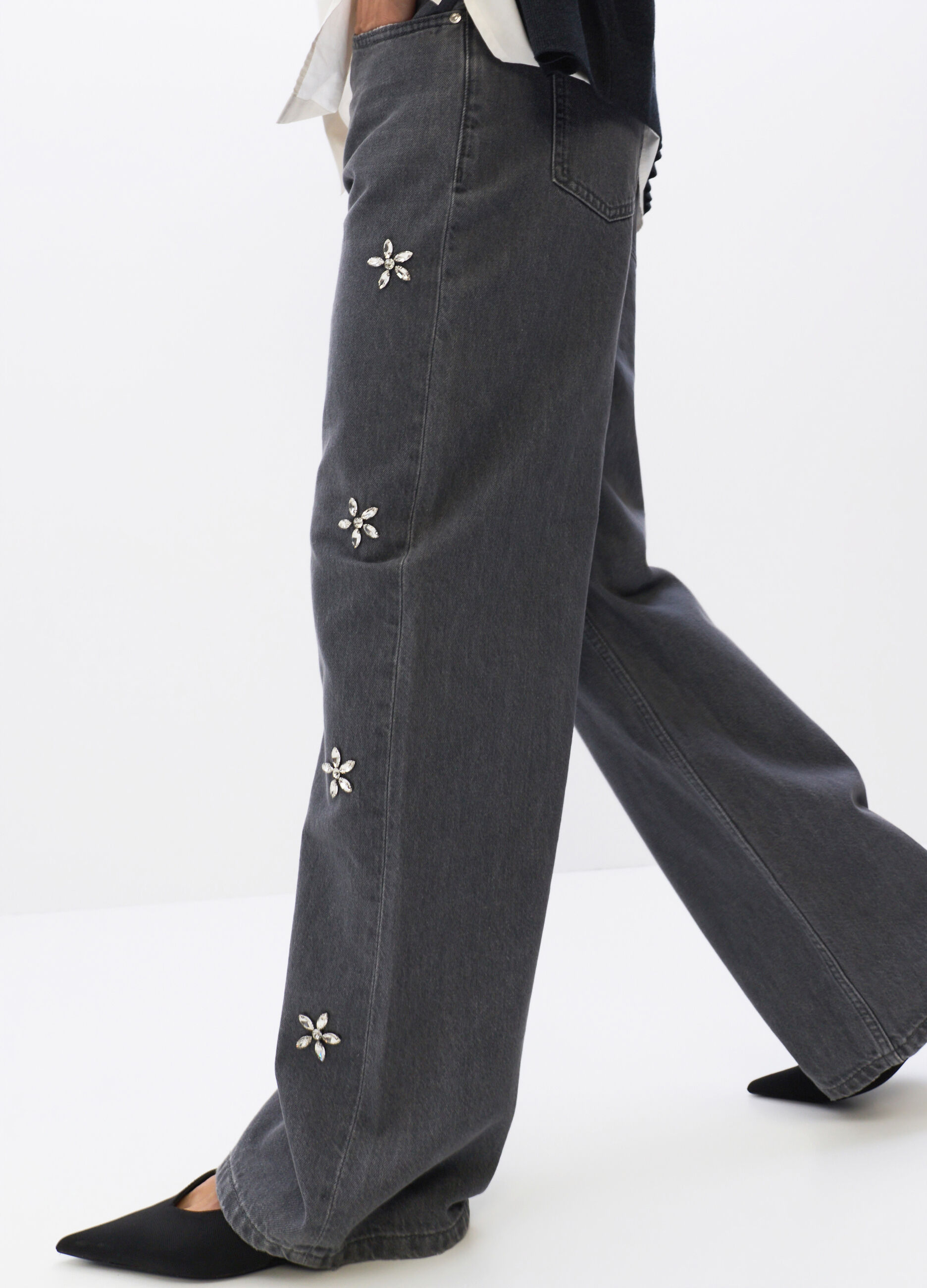 Pantaloni Wide Leg in denim di puro cotone donna_1