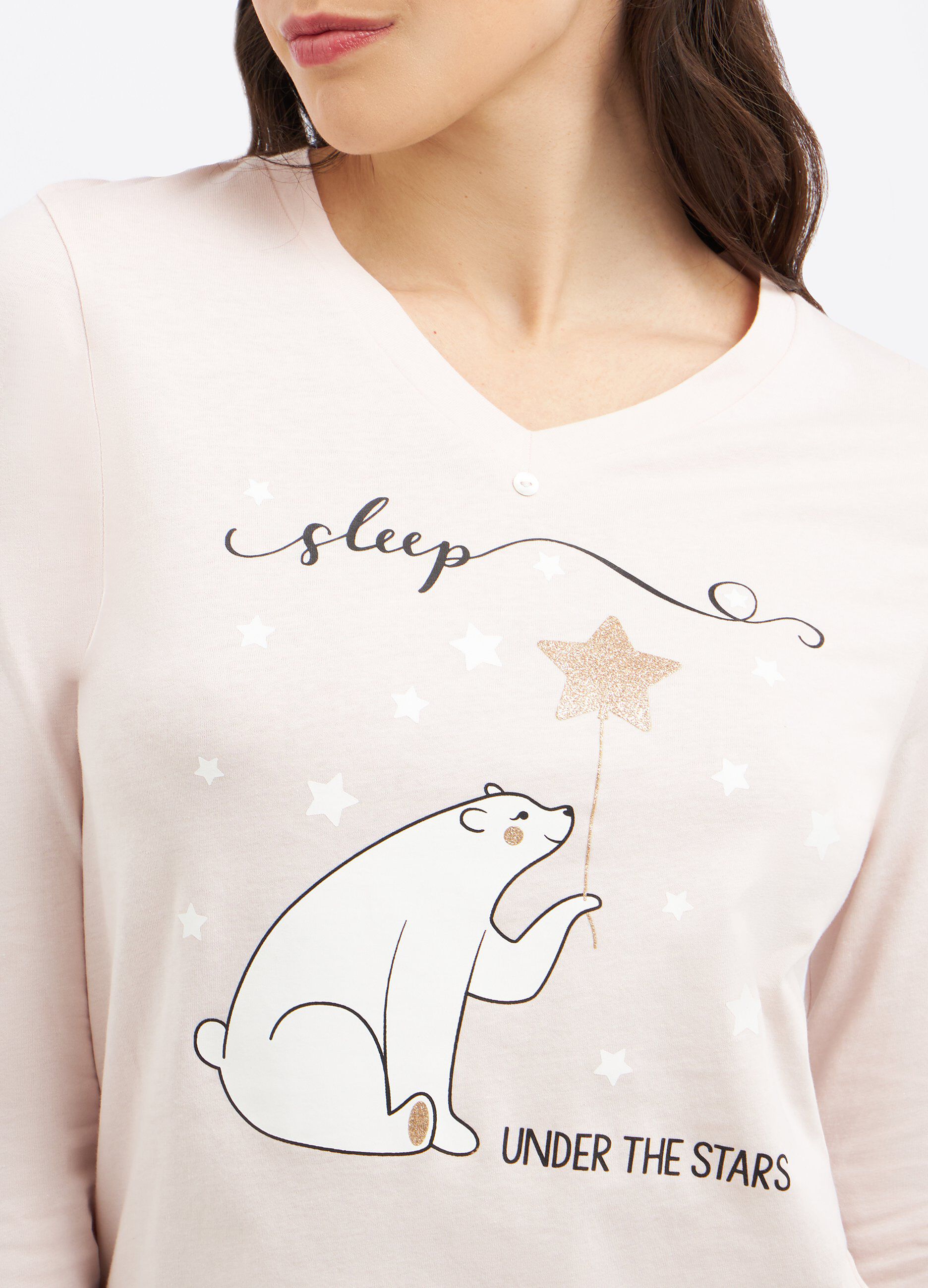 Set pigiama lungo in puro cotone con stampa glitter donna_2