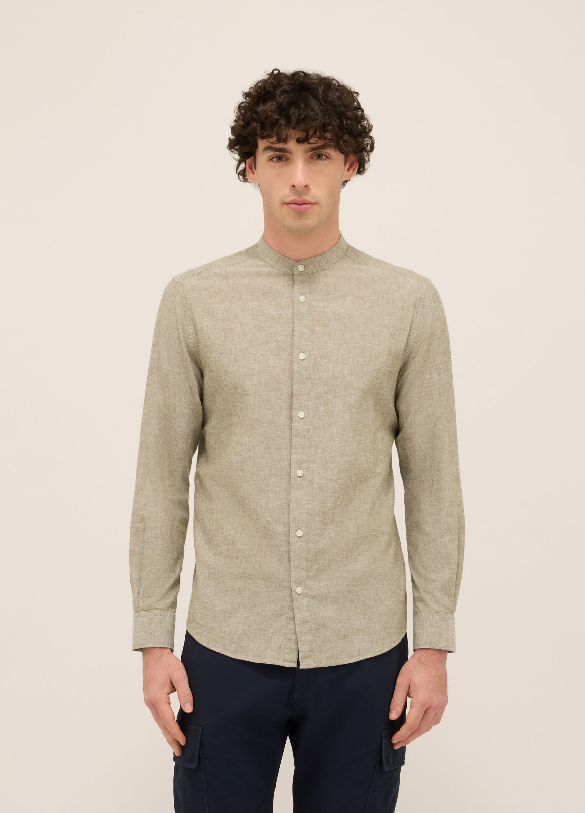 Camicia colletto alla coreana in cotone e lino uomo_0