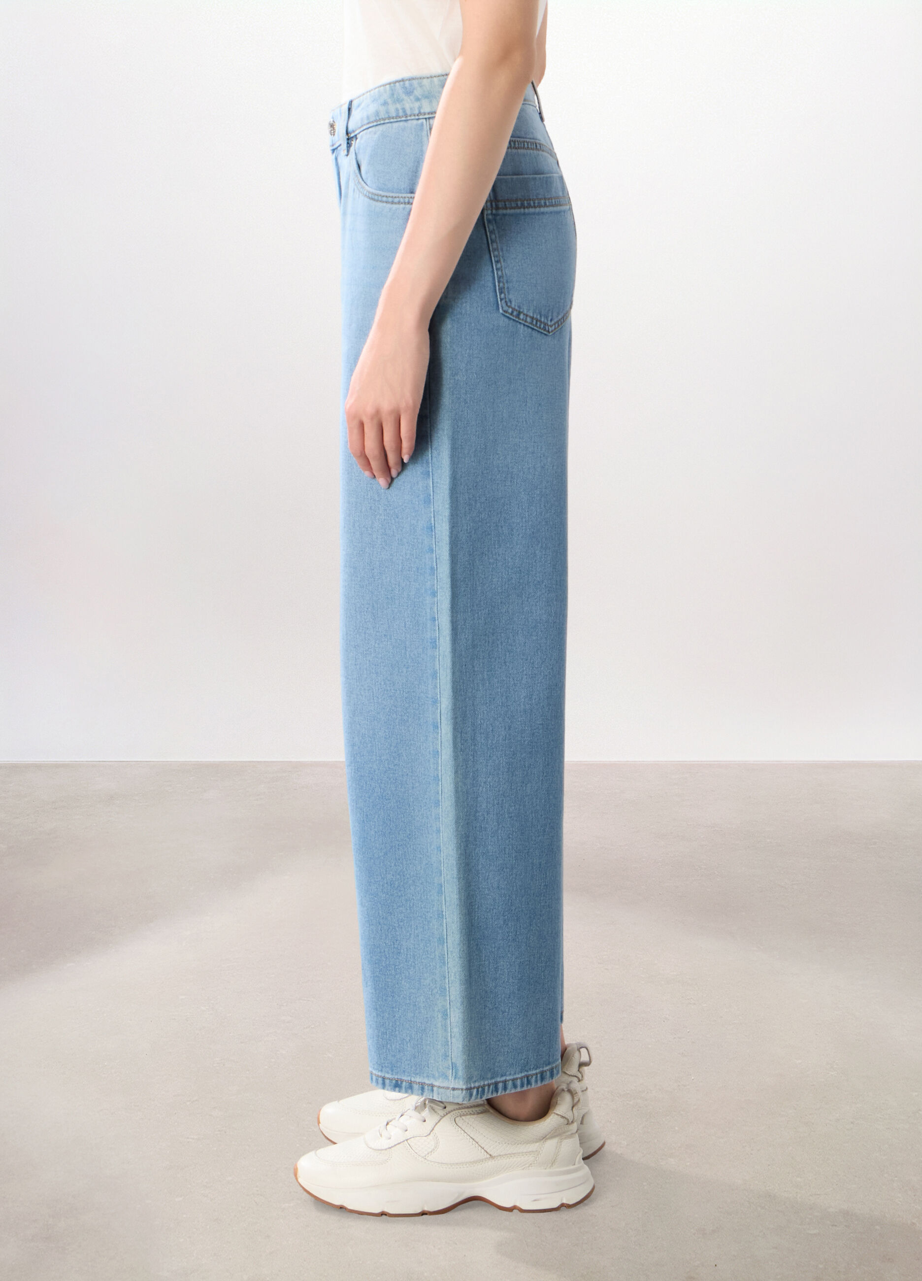 Pantaloni wide leg in denim di puro cotone donna_3