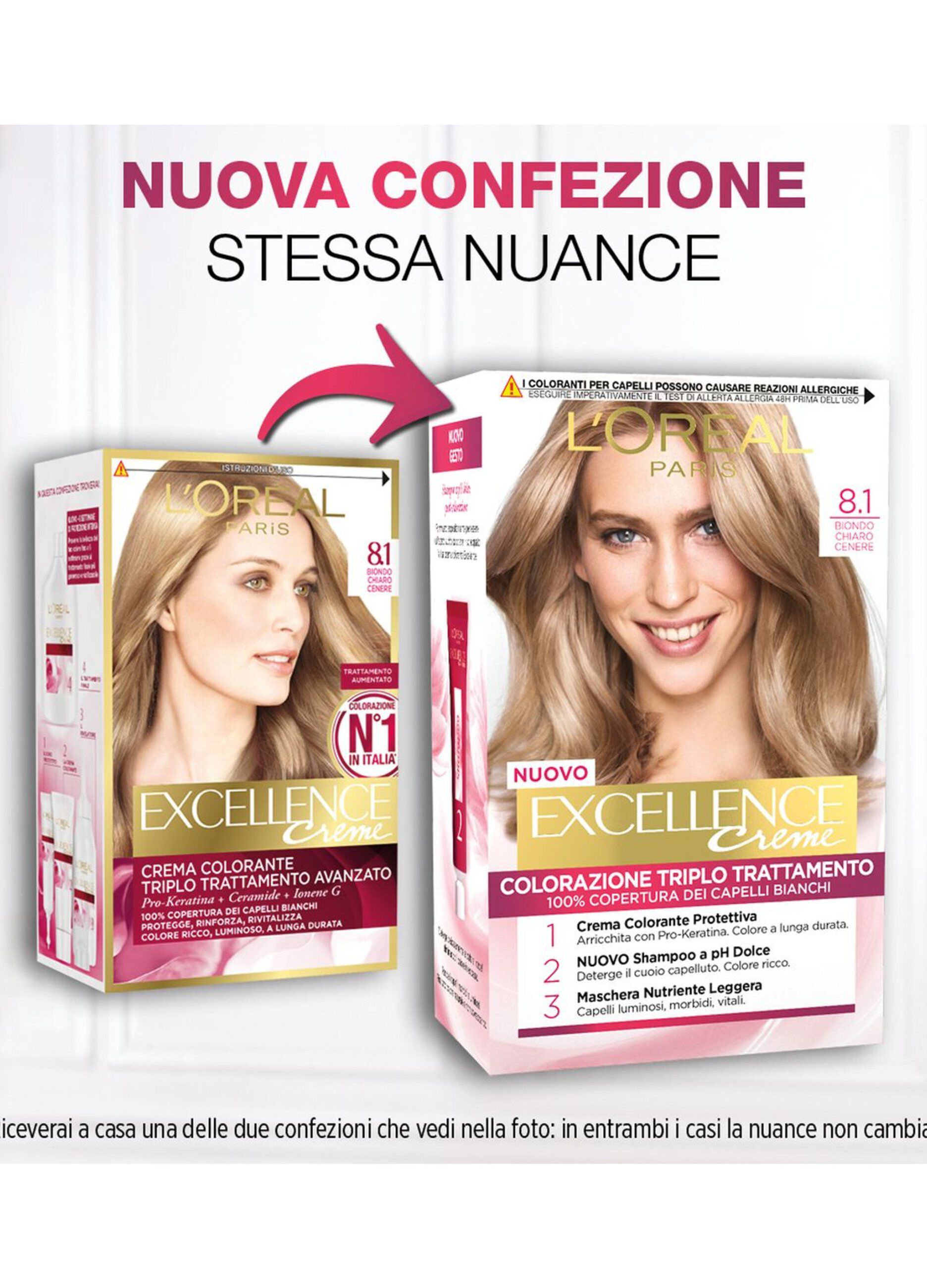 L'Oréal Paris Tinta Capelli Excellence, Copre i capelli bianchi, colore ricco, luminoso e a lunga durata, 8 Biondo Chiaro.