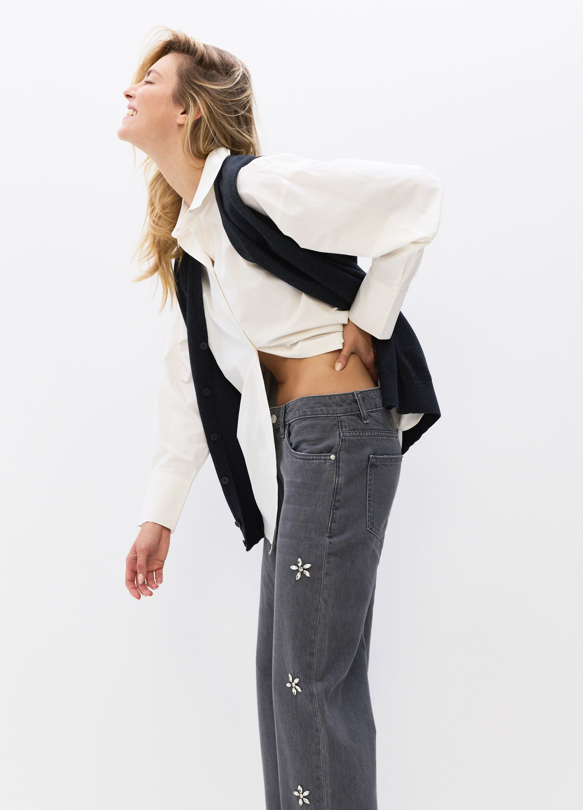 Pantaloni Wide Leg in denim di puro cotone donna_3