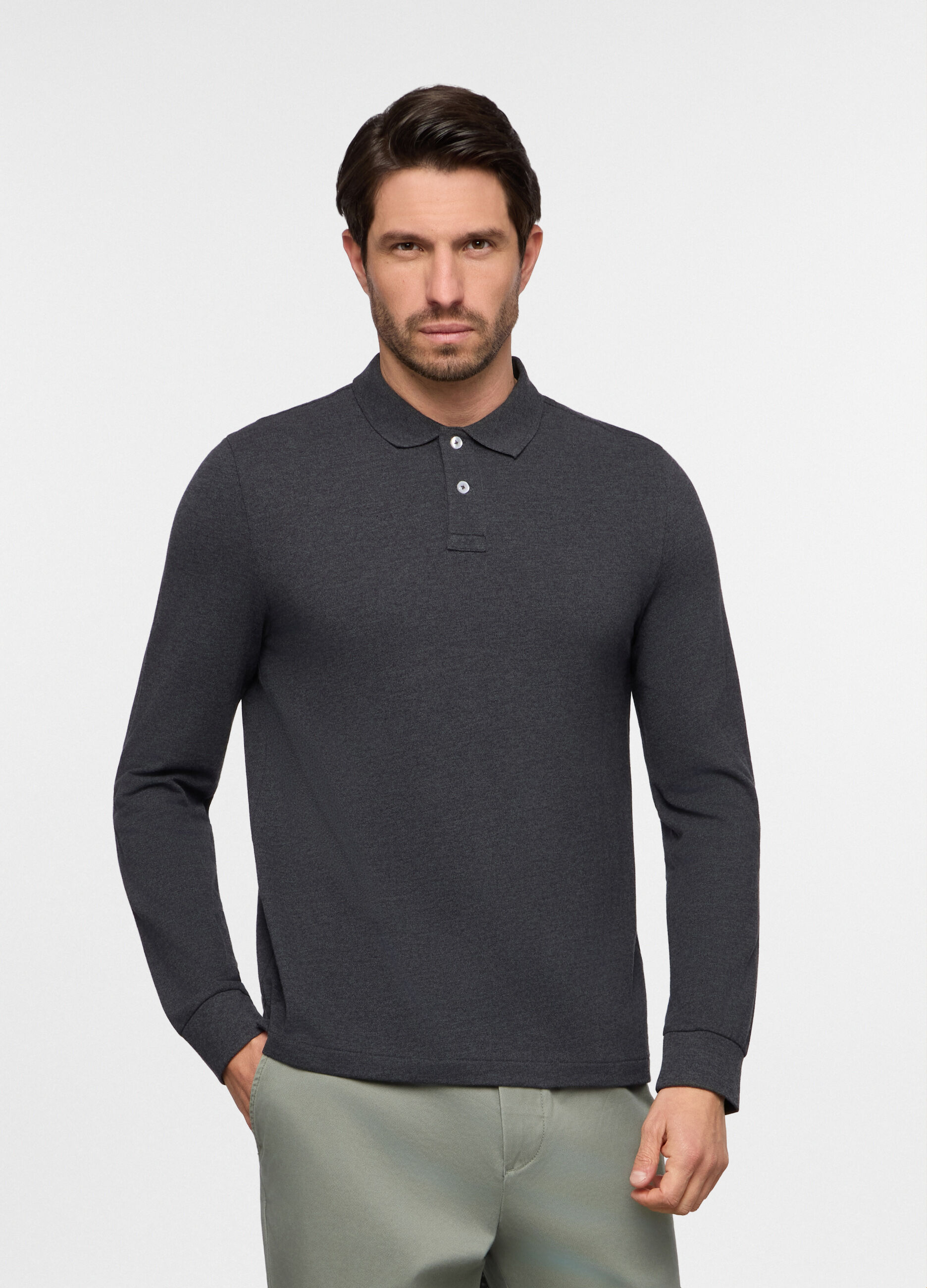 Polo a maniche lunghe in piquet tinta unita uomo_0