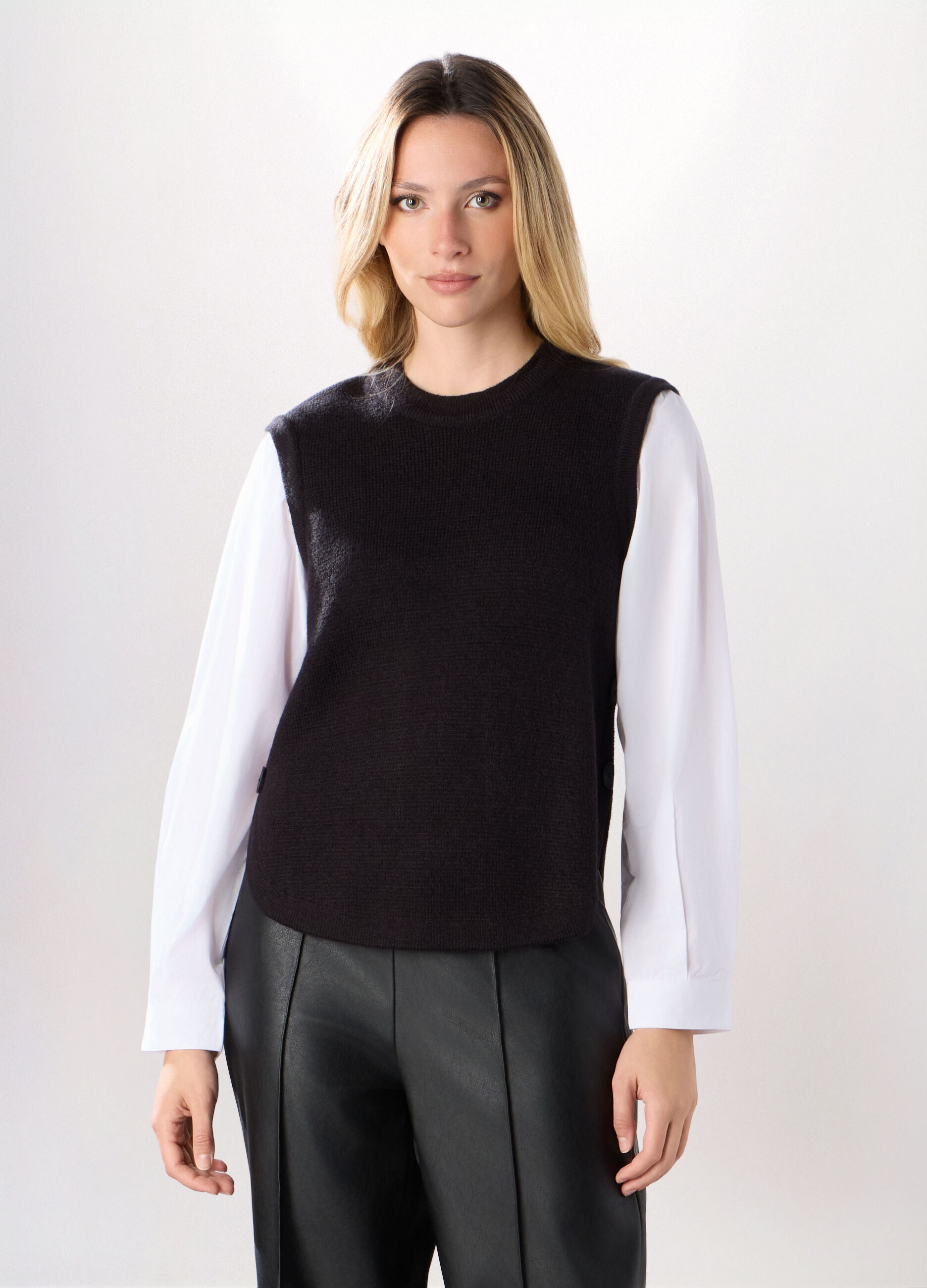 Gilet misto lana con inserto camicia donna_0