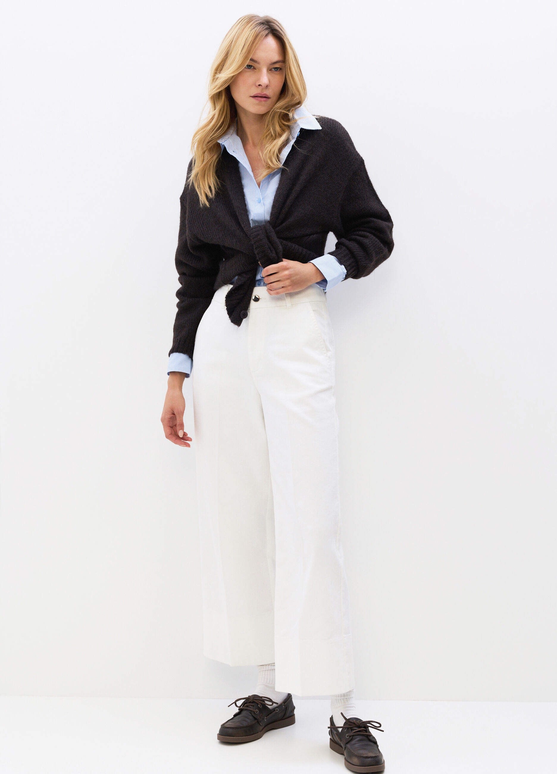 Pantaloni Wide Leg in denim misto cotone stretch donna_0