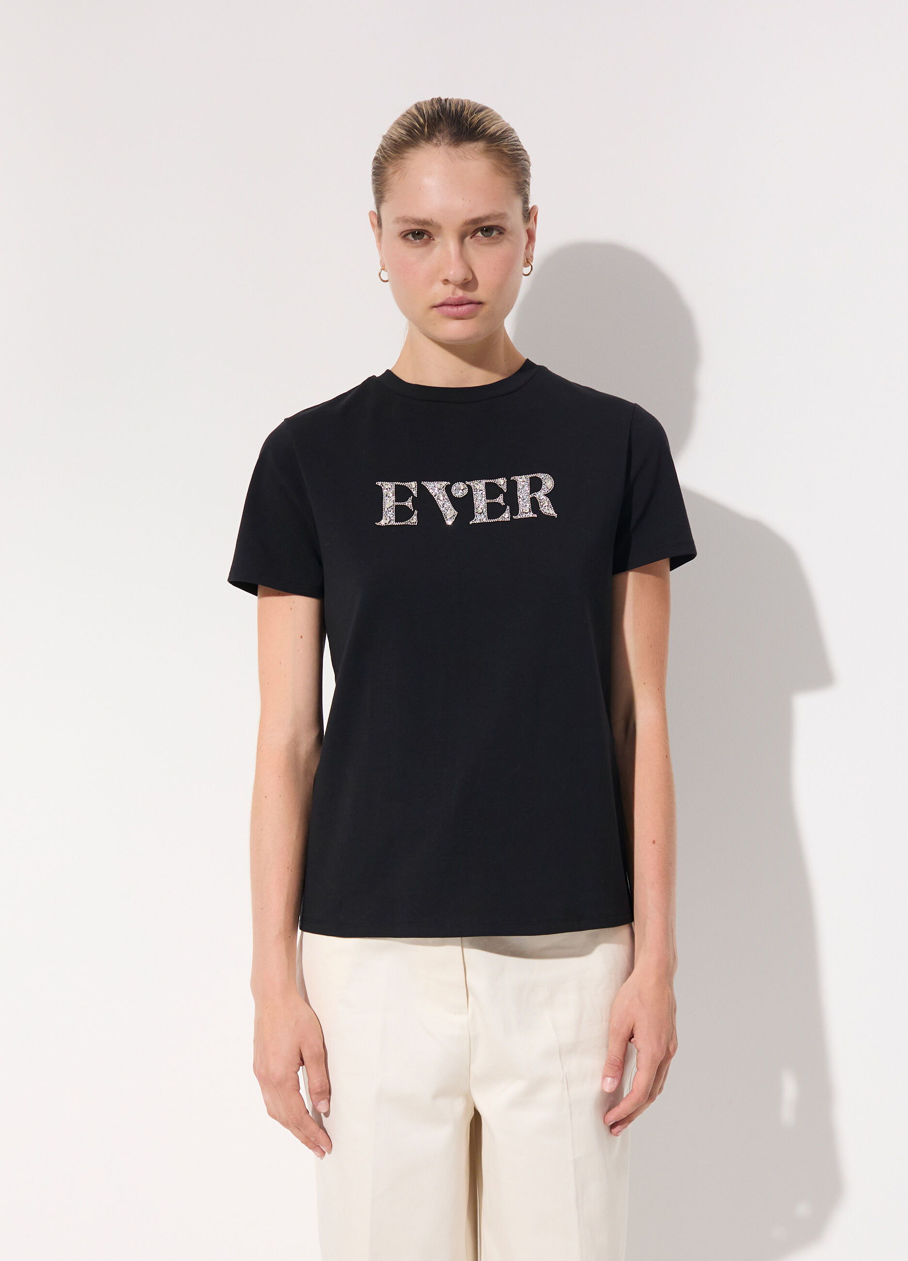 T-shirt con strass in cotone stretch donna_1