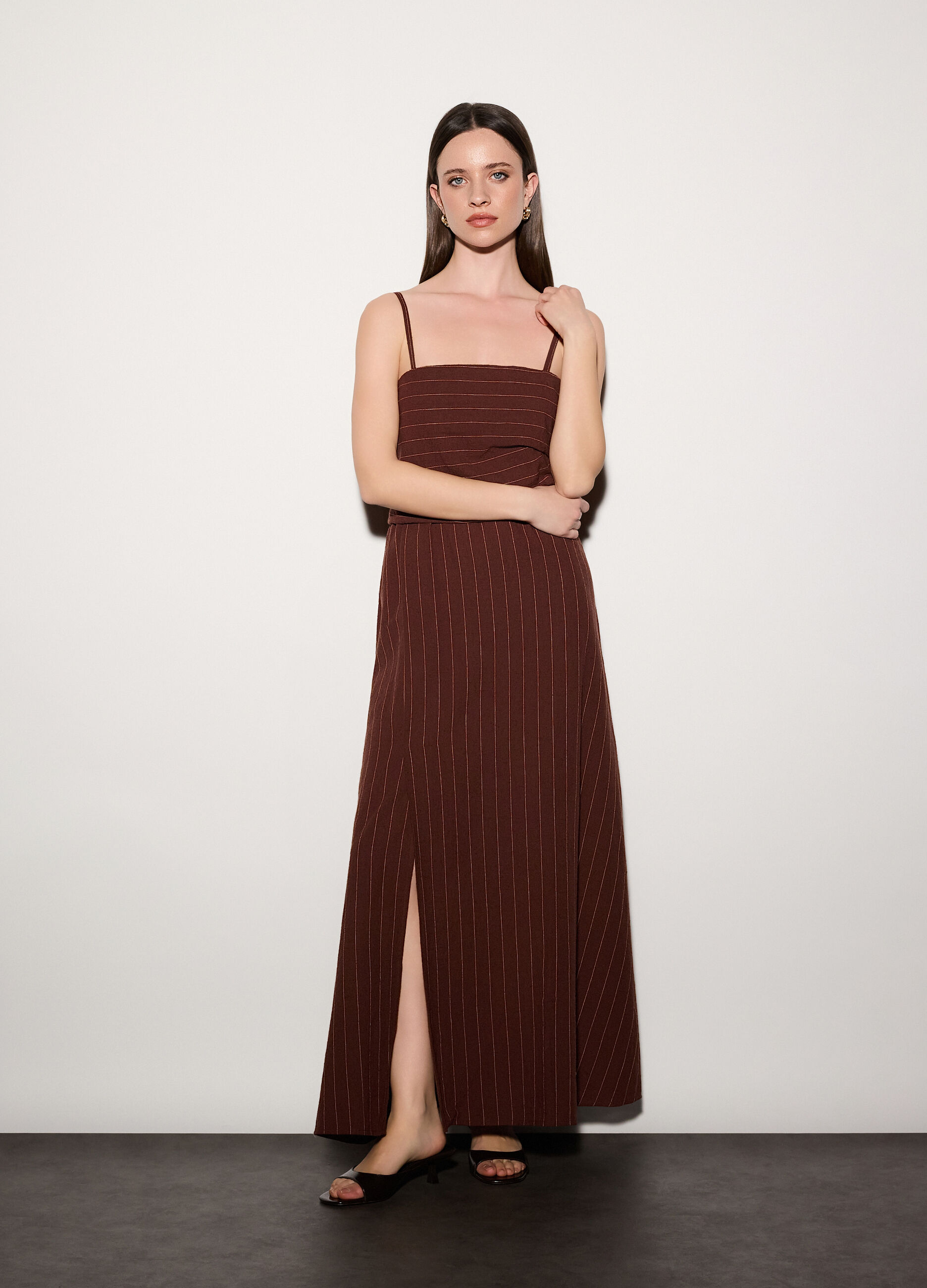 Abito gessato misto lino donna_0