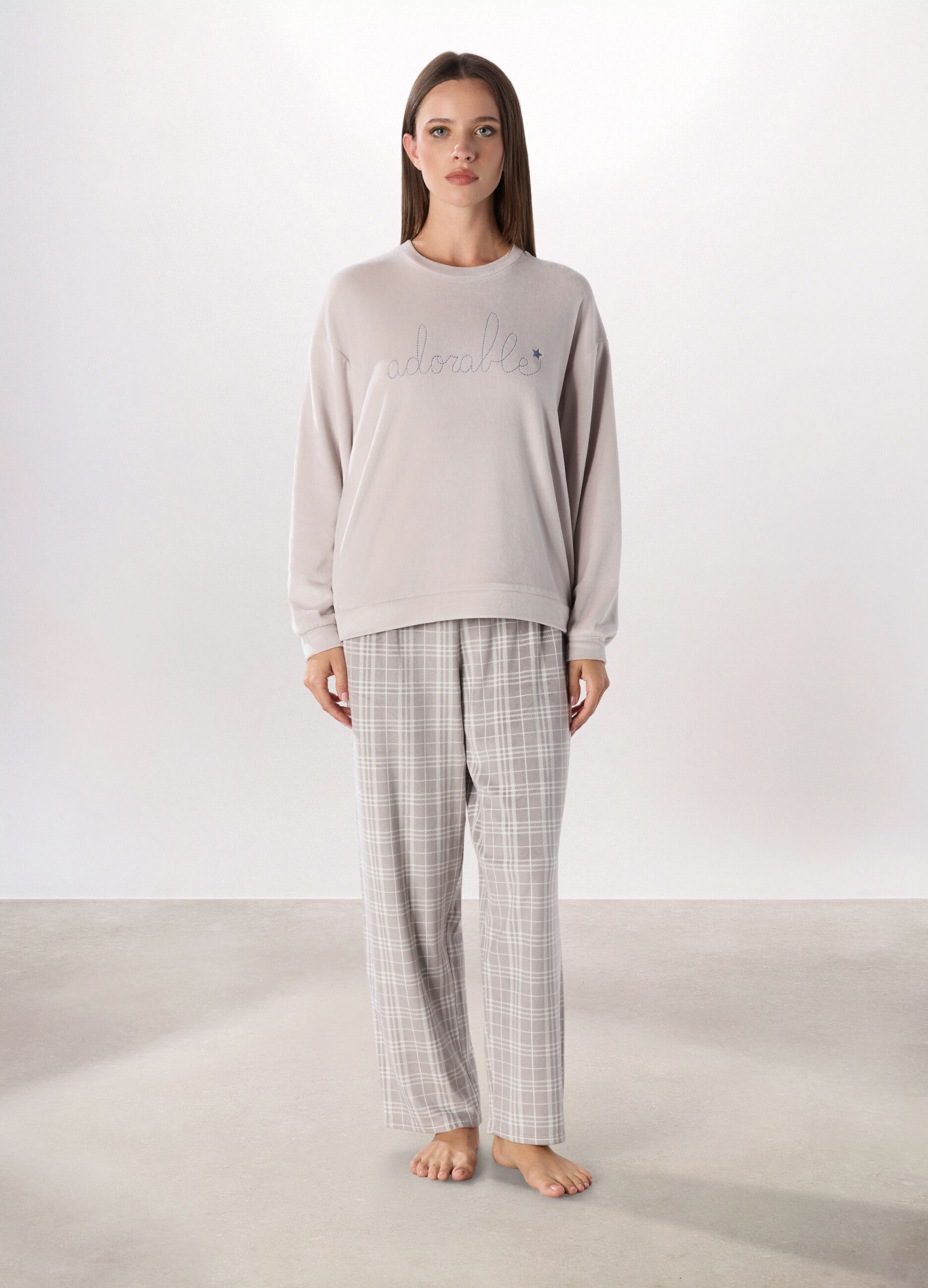 Pantalone lungo pigiama in velluto a quadri donna_0