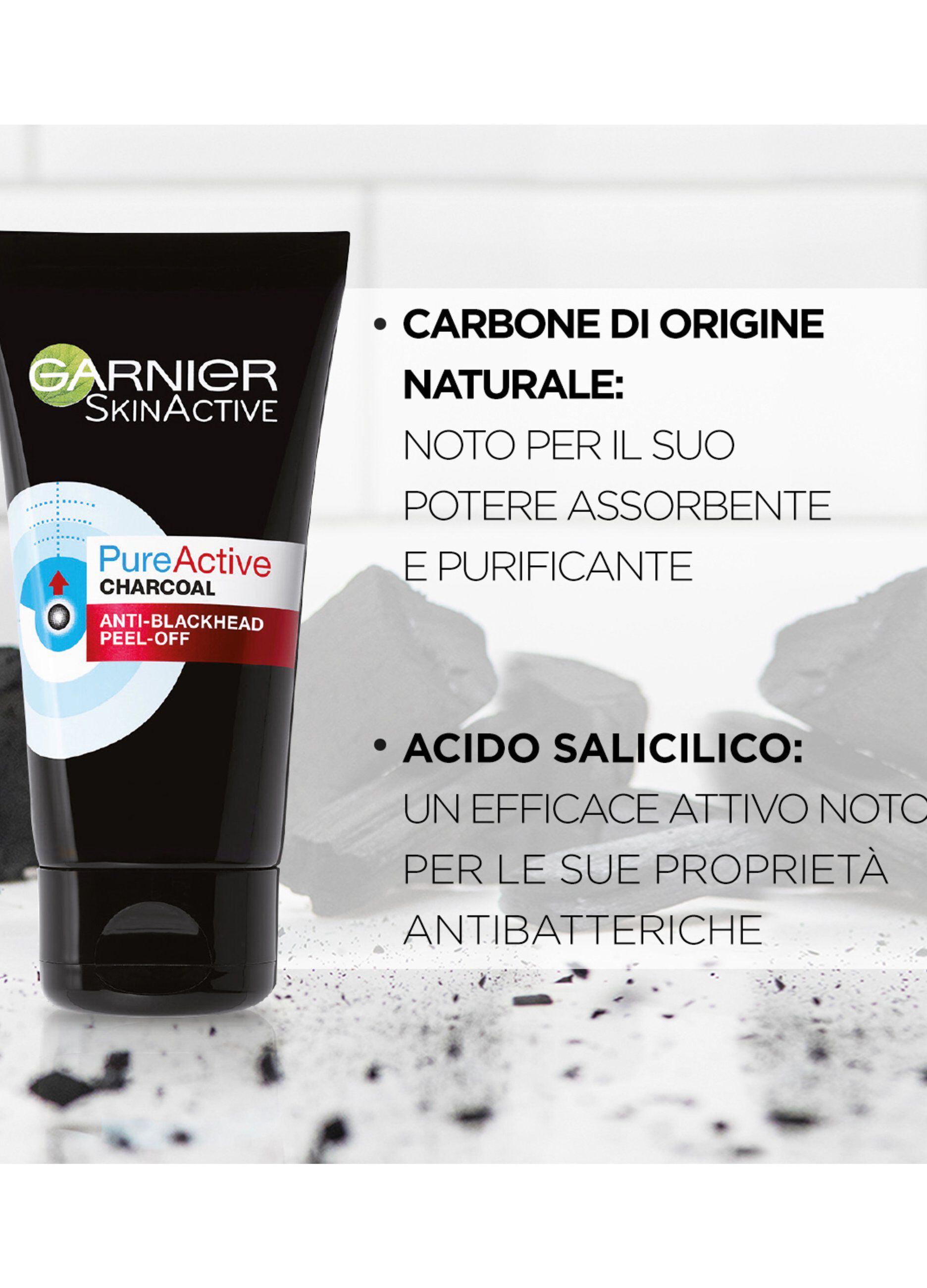 Garnier Maschera Peel-Off Pure Active Charcoal, Gel detergente arricchito con carbone e acido salicidico, Perfetto per la zona T, Anti imperfezioni e punti neri, 50 ml.