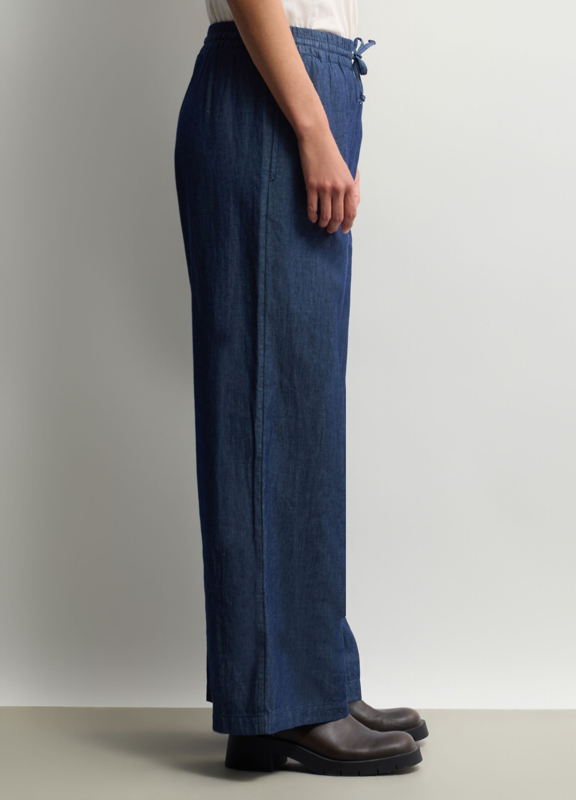 Pantaloni Wide Leg in chambray di puro cotone donna_1