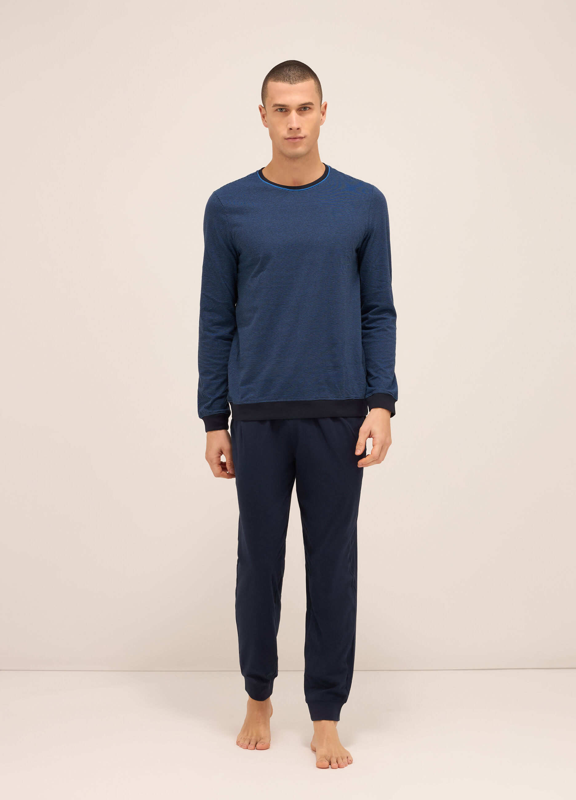 Maglia del pigiama a righe in puro cotone uomo_0