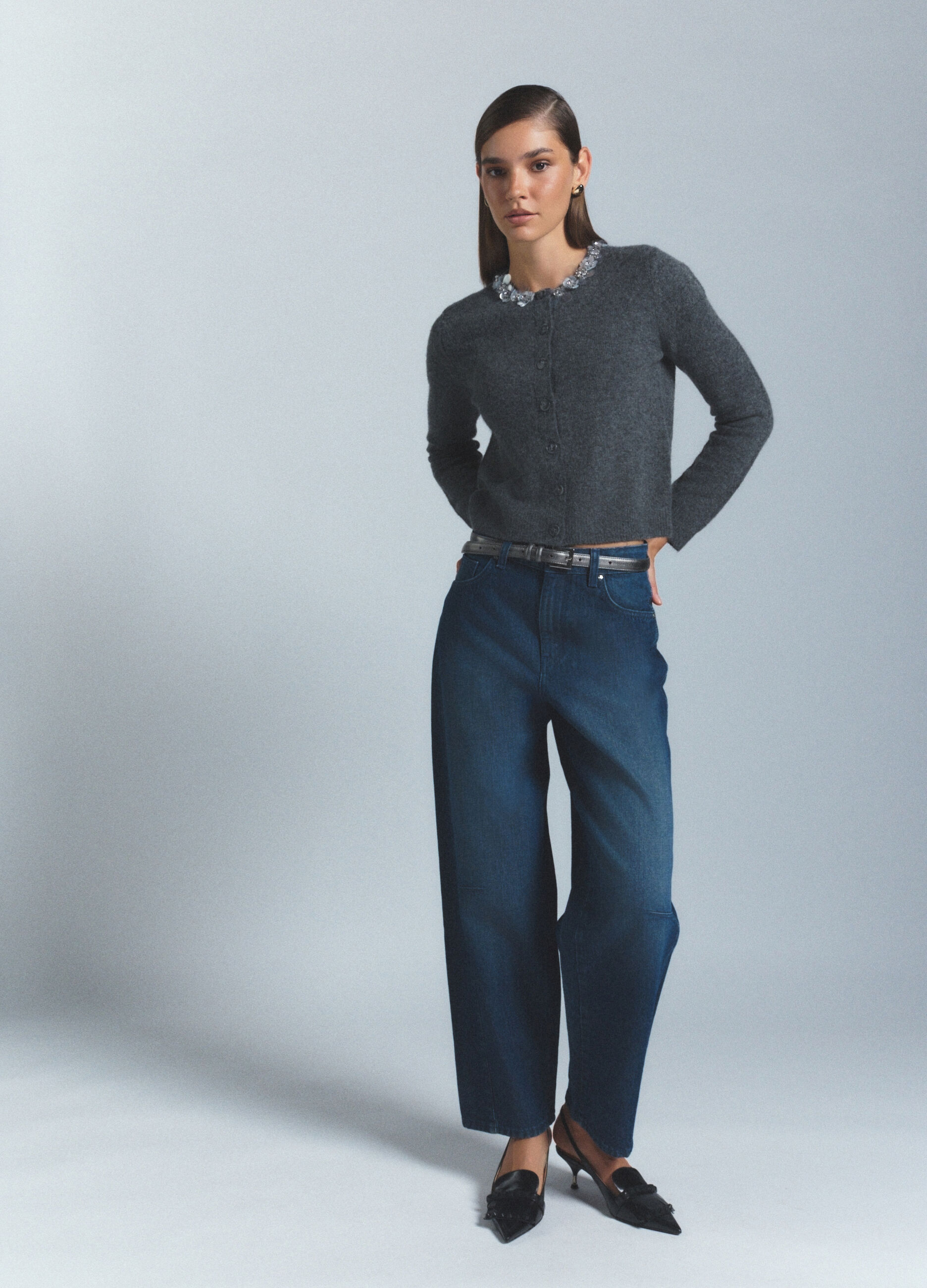 Pantaloni Barrel Fit in denim di puro cotone donna_0