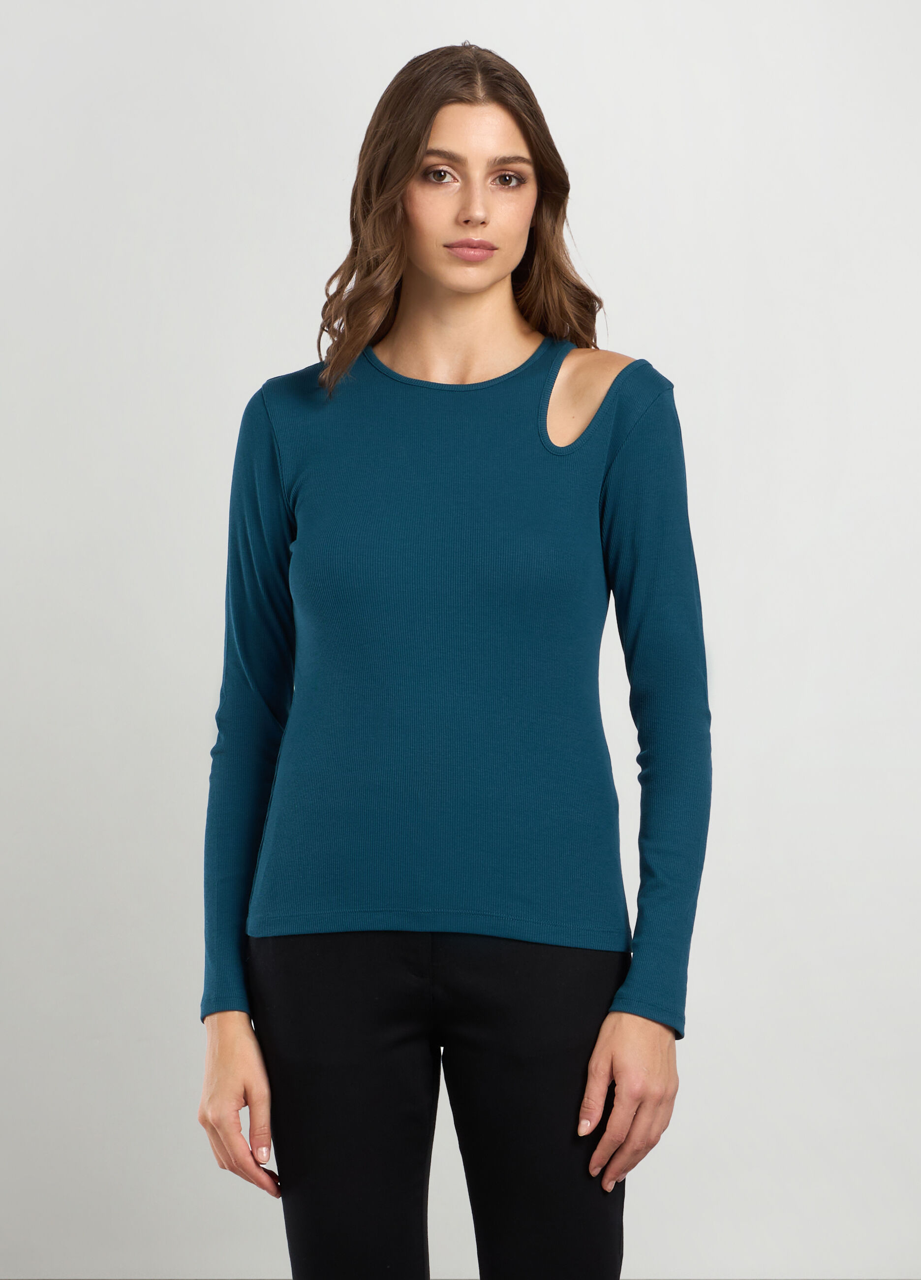 T-shirt in costina di cotone stretch donna_0