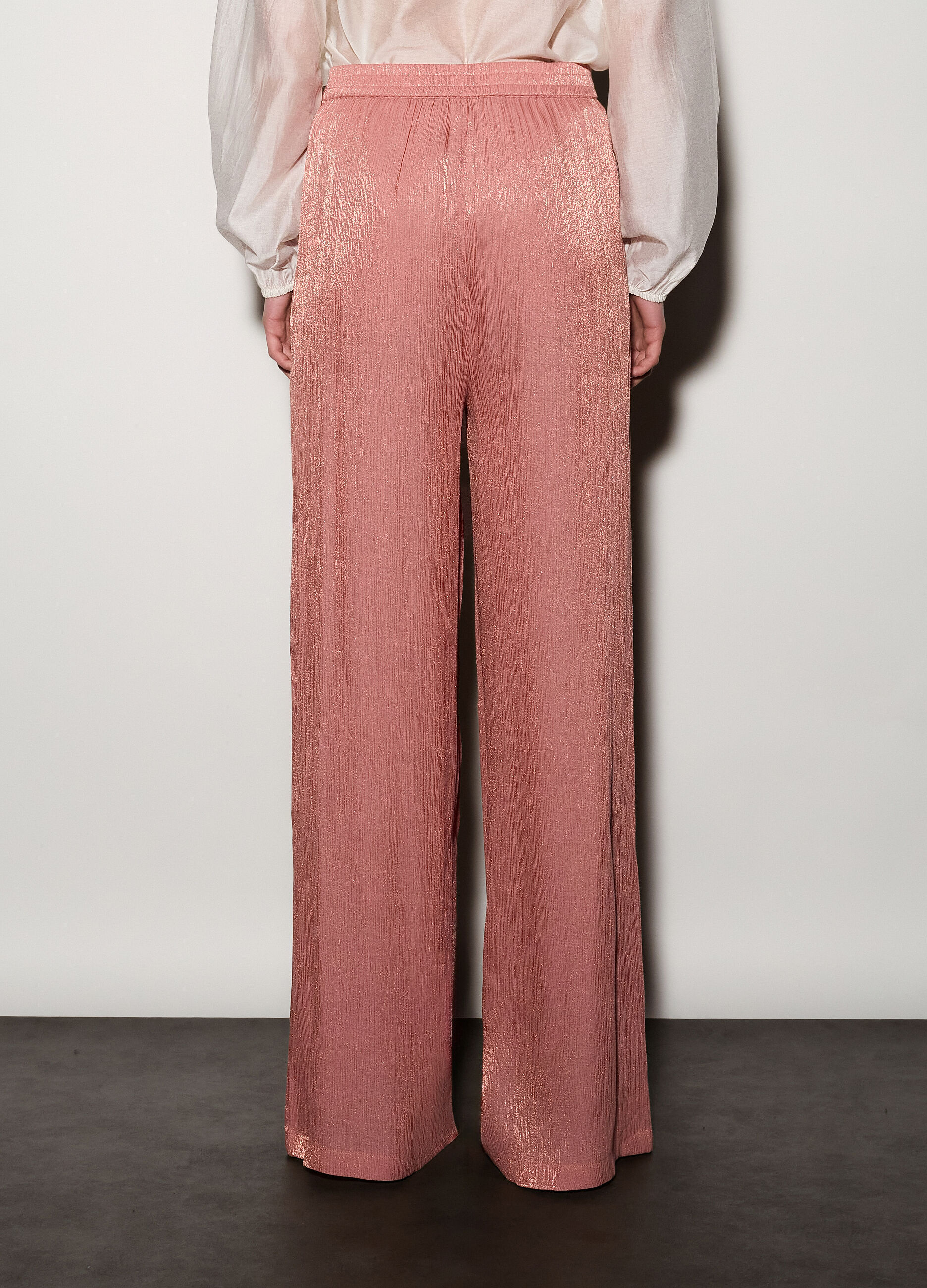Pantaloni wide leg in raso pliss&eacute; donna_2