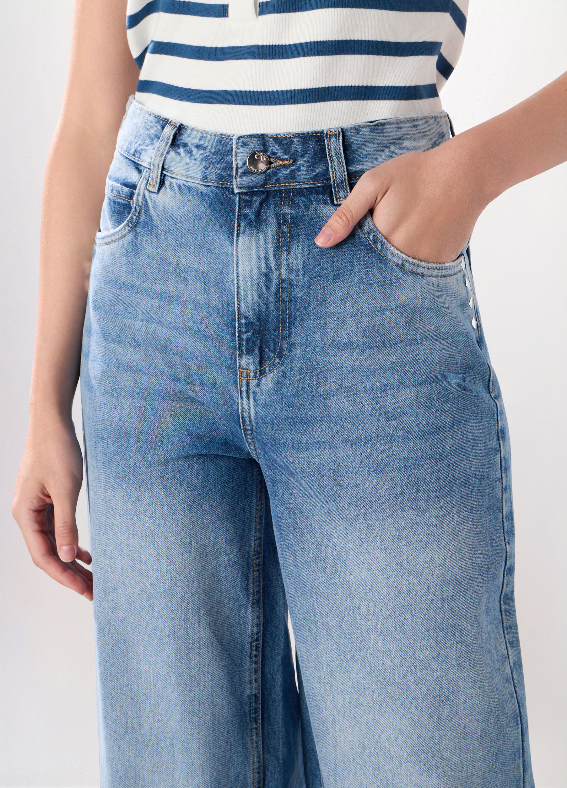 Pantaloni wide leg in denim di puro cotone donna_2