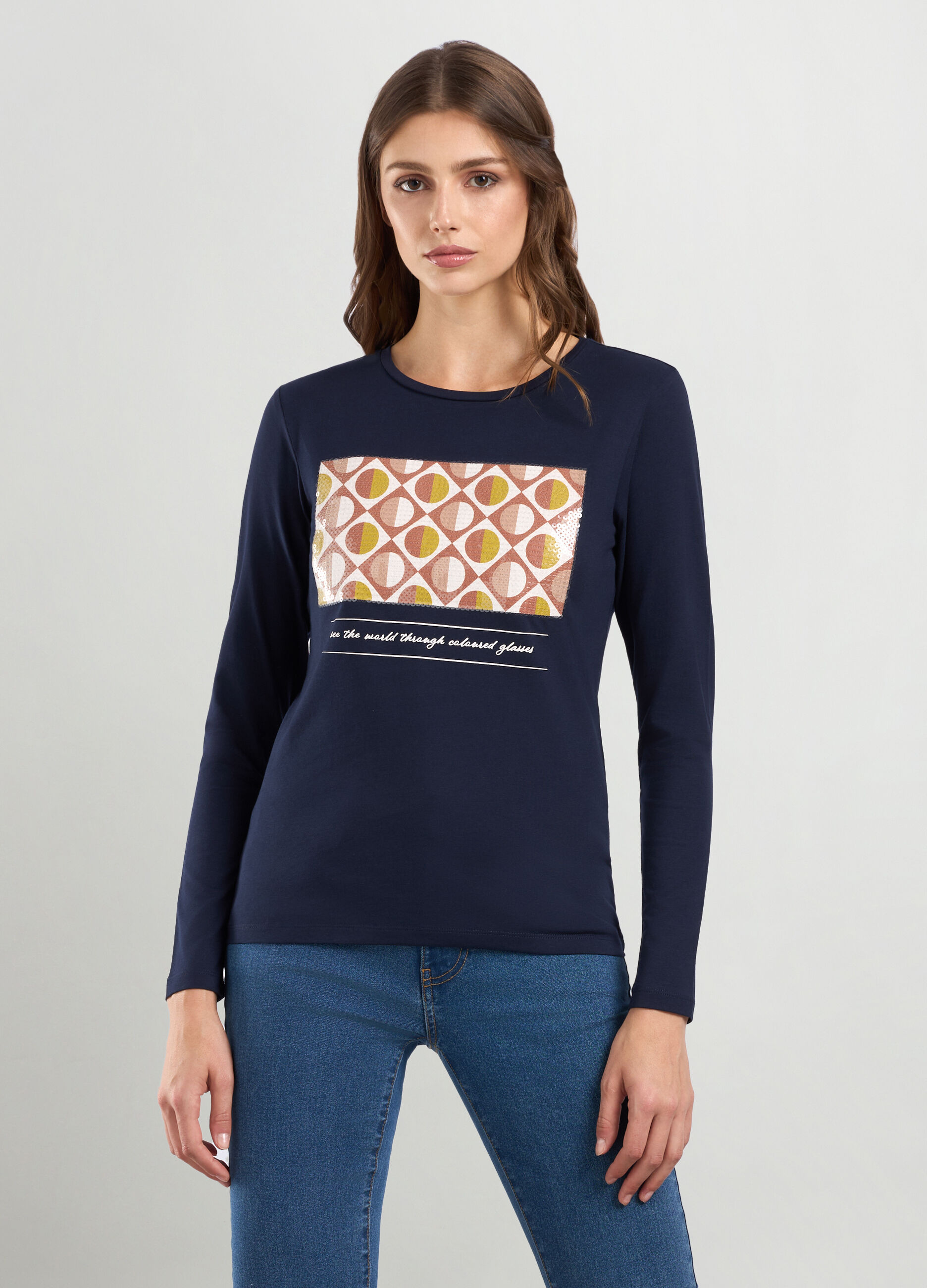 T-shirt in cotone stretch con paillettes donna_0