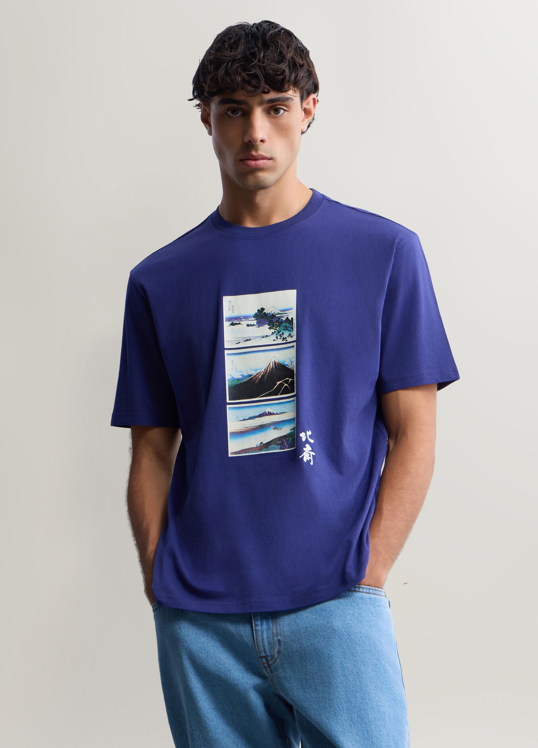 T-shirt girocollo in cotone con stampa Hokusai uomo_0