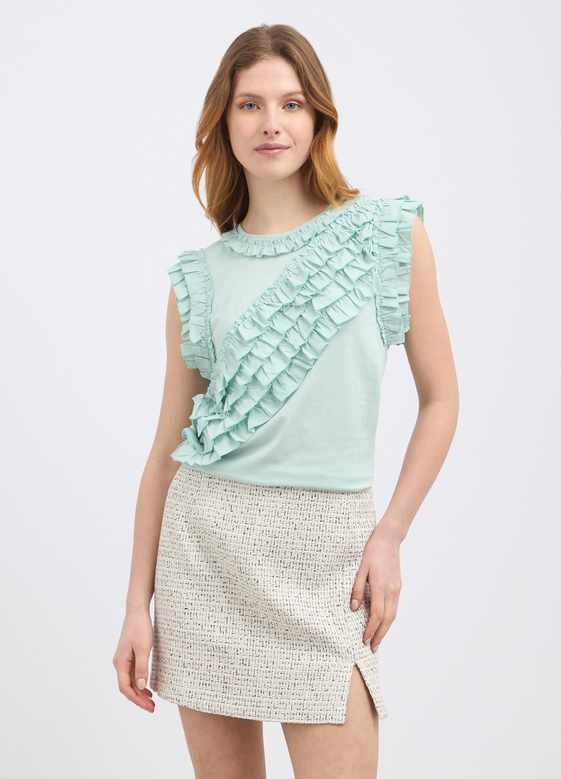 T-shirt smanicata in puro cotone con applicazioni donna_0