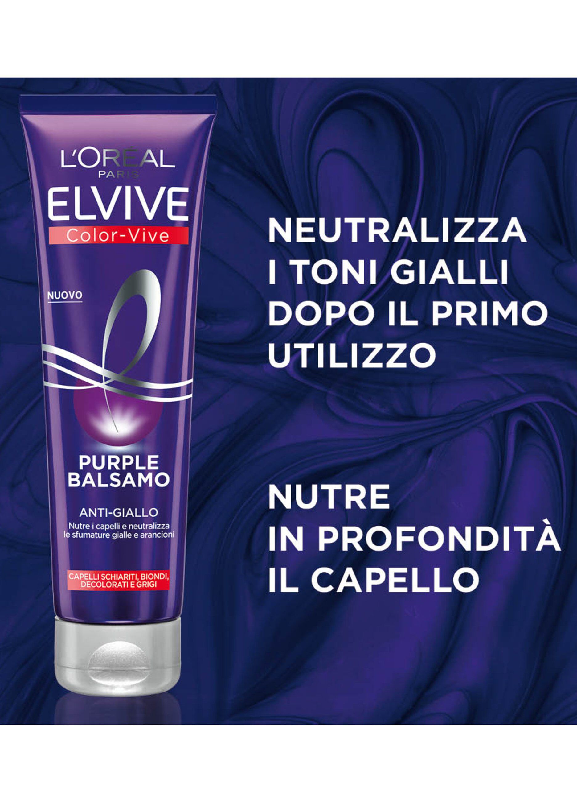 L'Oréal Paris Balsamo antigiallo Color Vive Purple, Balsamo antigiallo per capelli schiariti, biondi, decolorati e grigi, 150 ml.