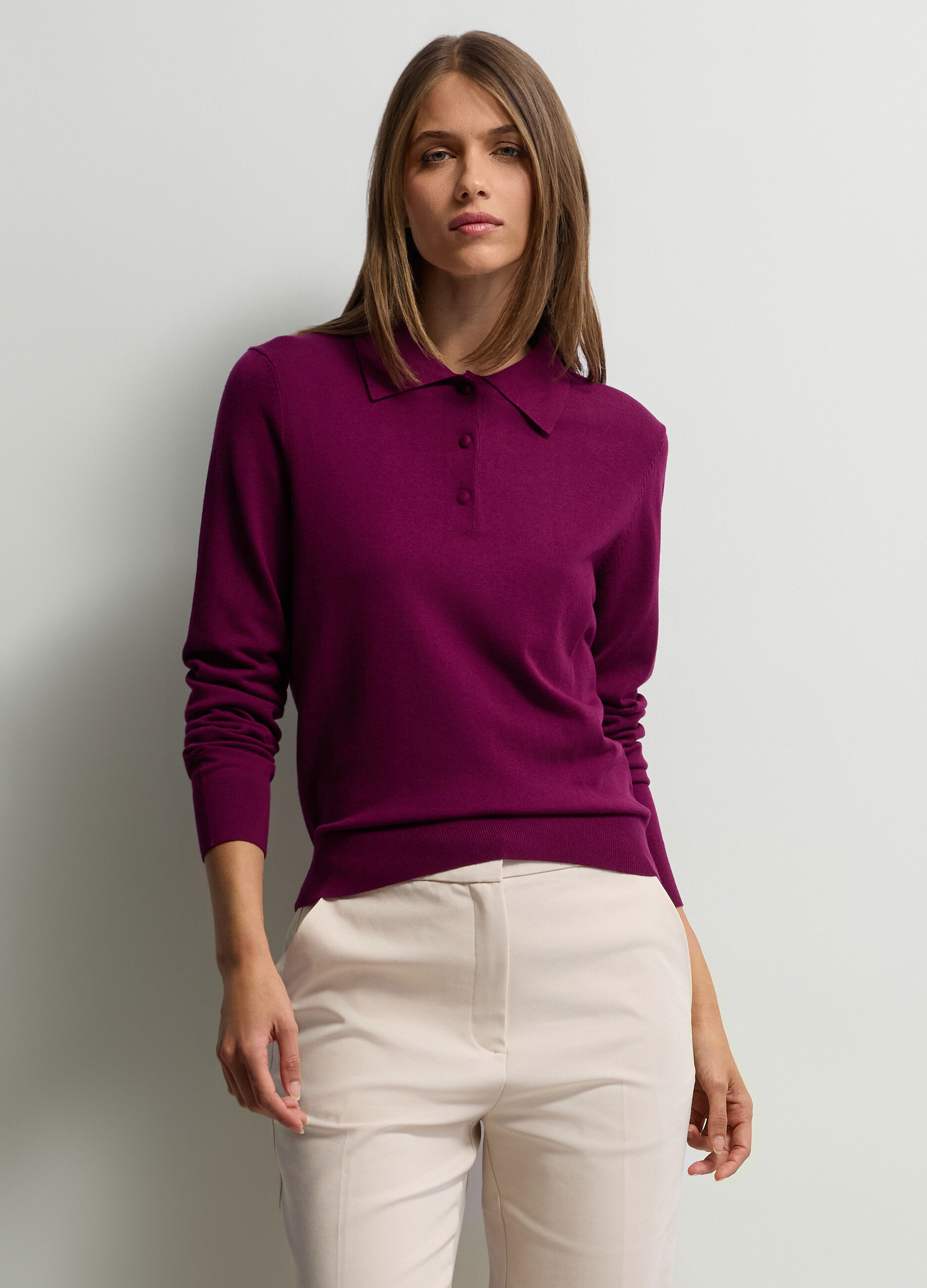 Polo con colletto classico in maglia rasata donna_0