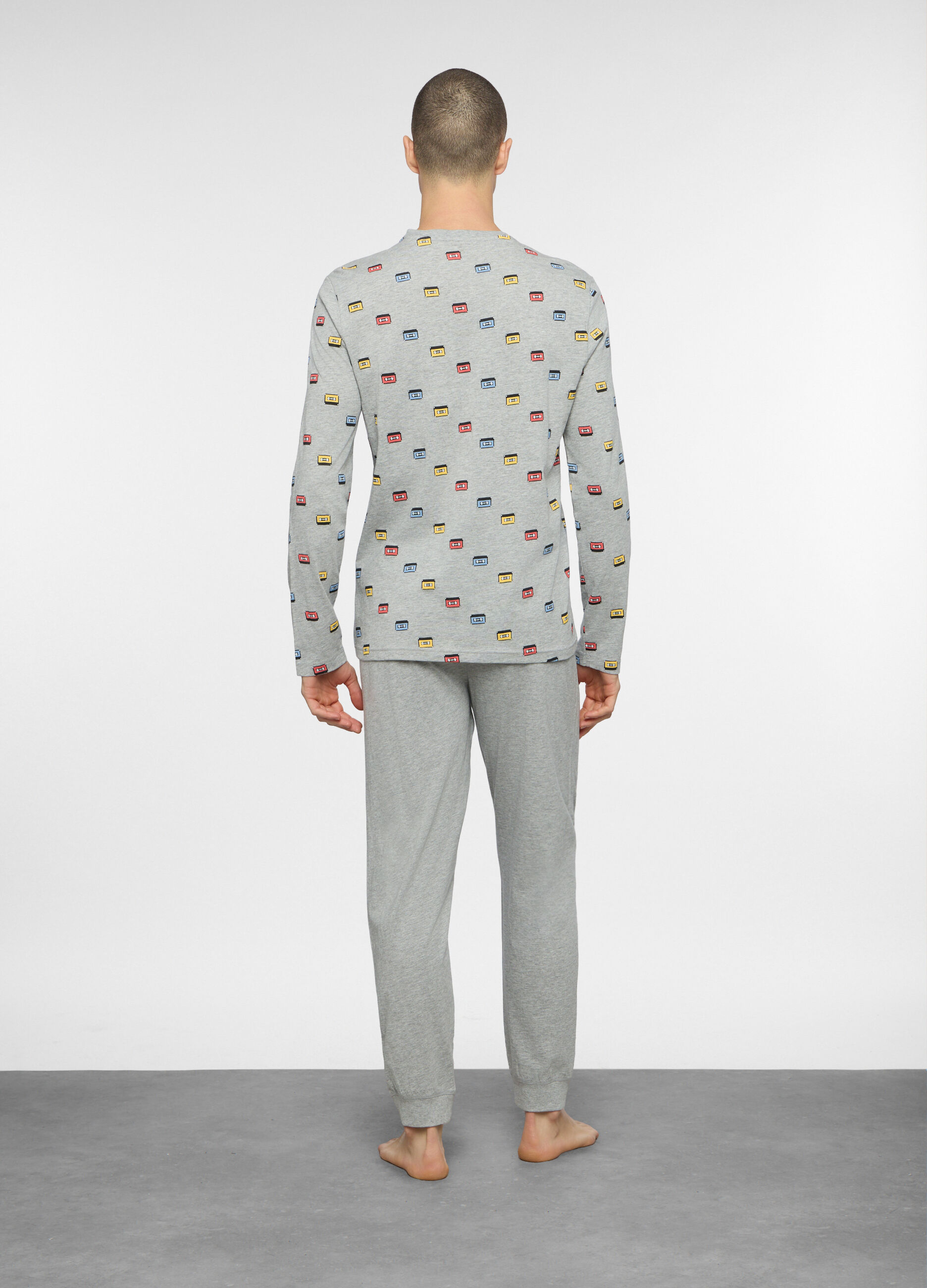 Pigiama lungo in cotone grigio stampato uomo_1