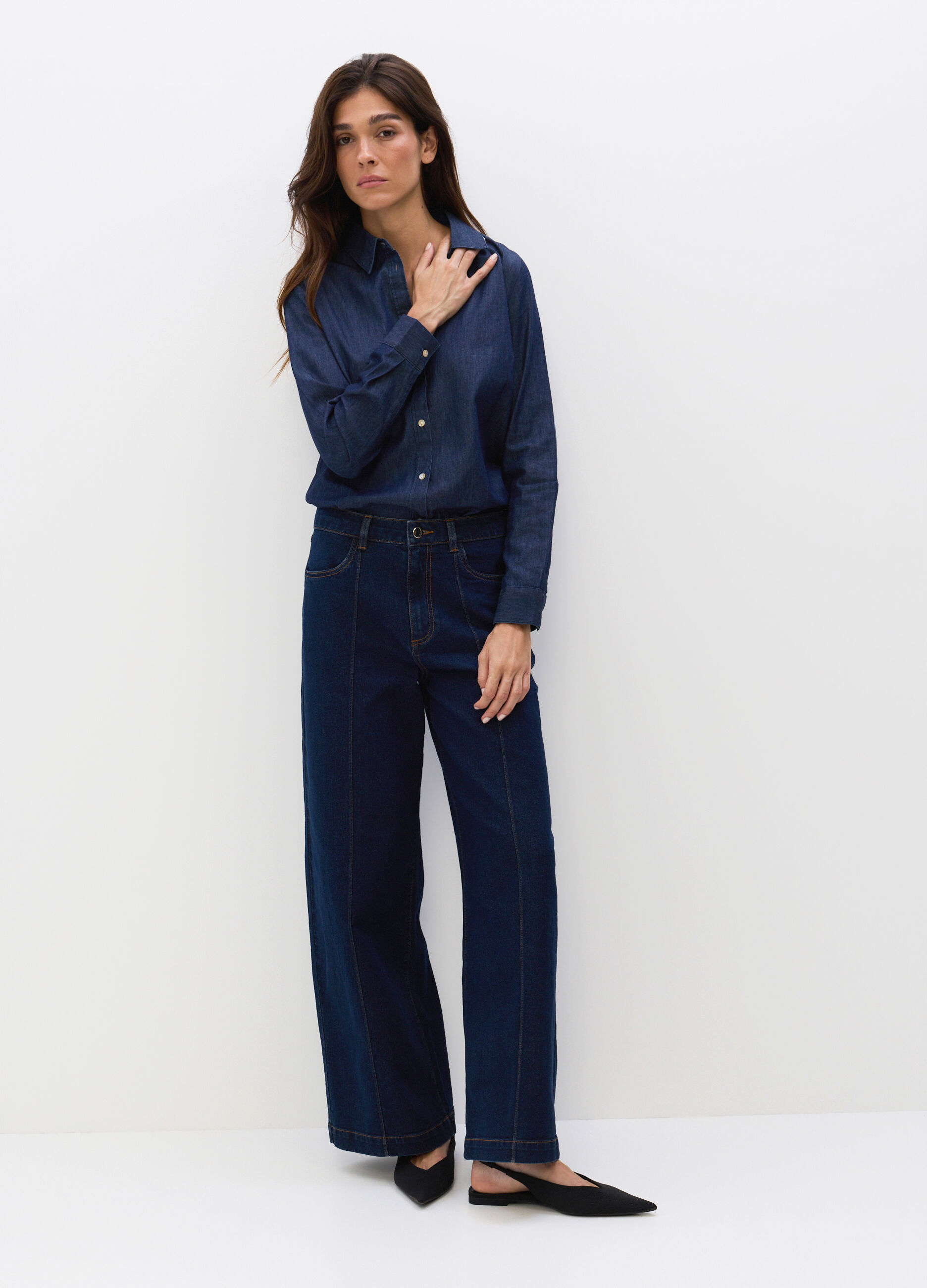 Pantaloni Wide Leg in denim di misto cotone stretch donna_0
