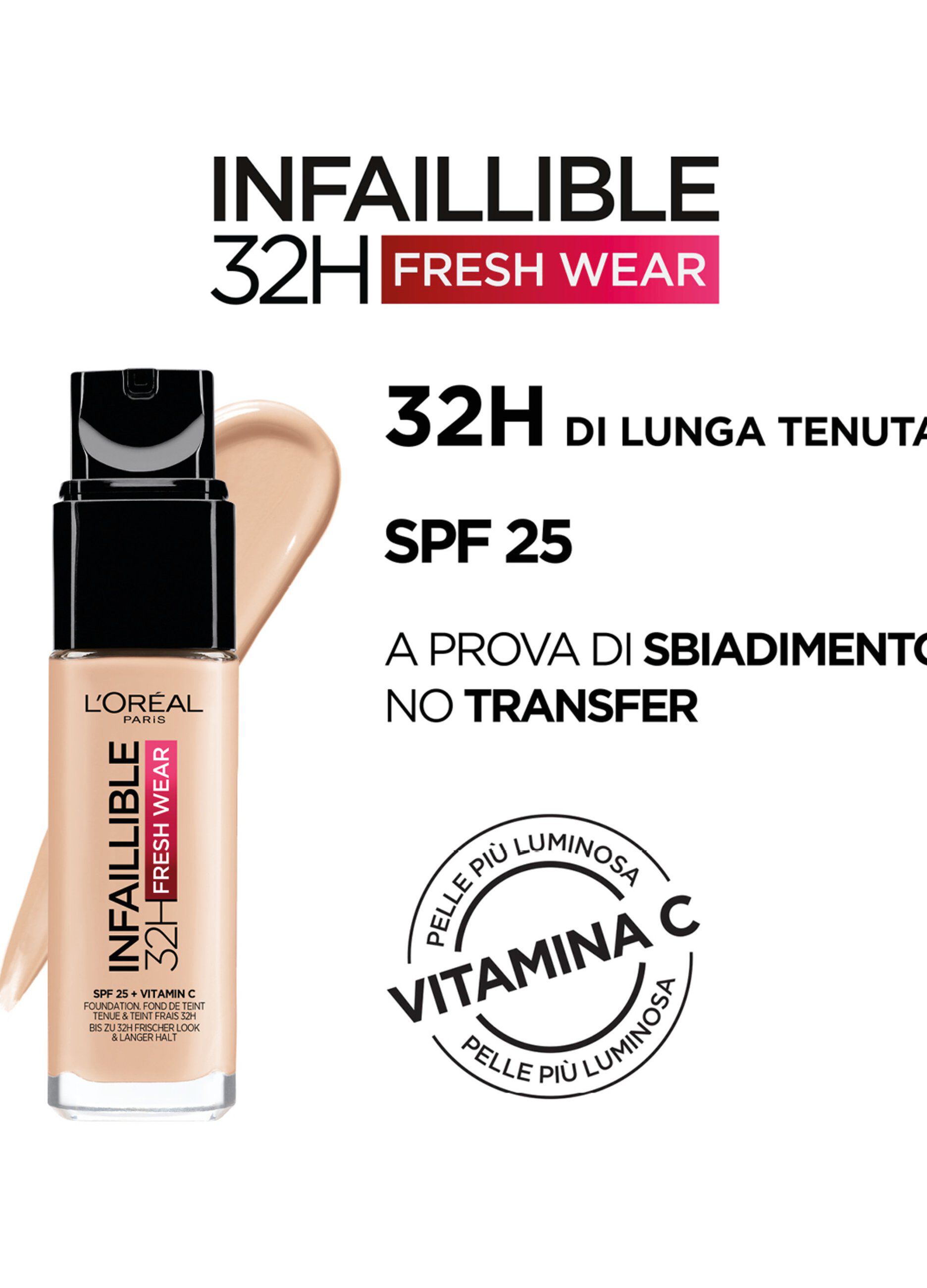 L'Oréal Paris Fondotinta Liquido Infaillible 32H, Coprente a Lunga Tenuta 32H, Formula Waterproof Idratante, 20 Ivoire, 30ml.