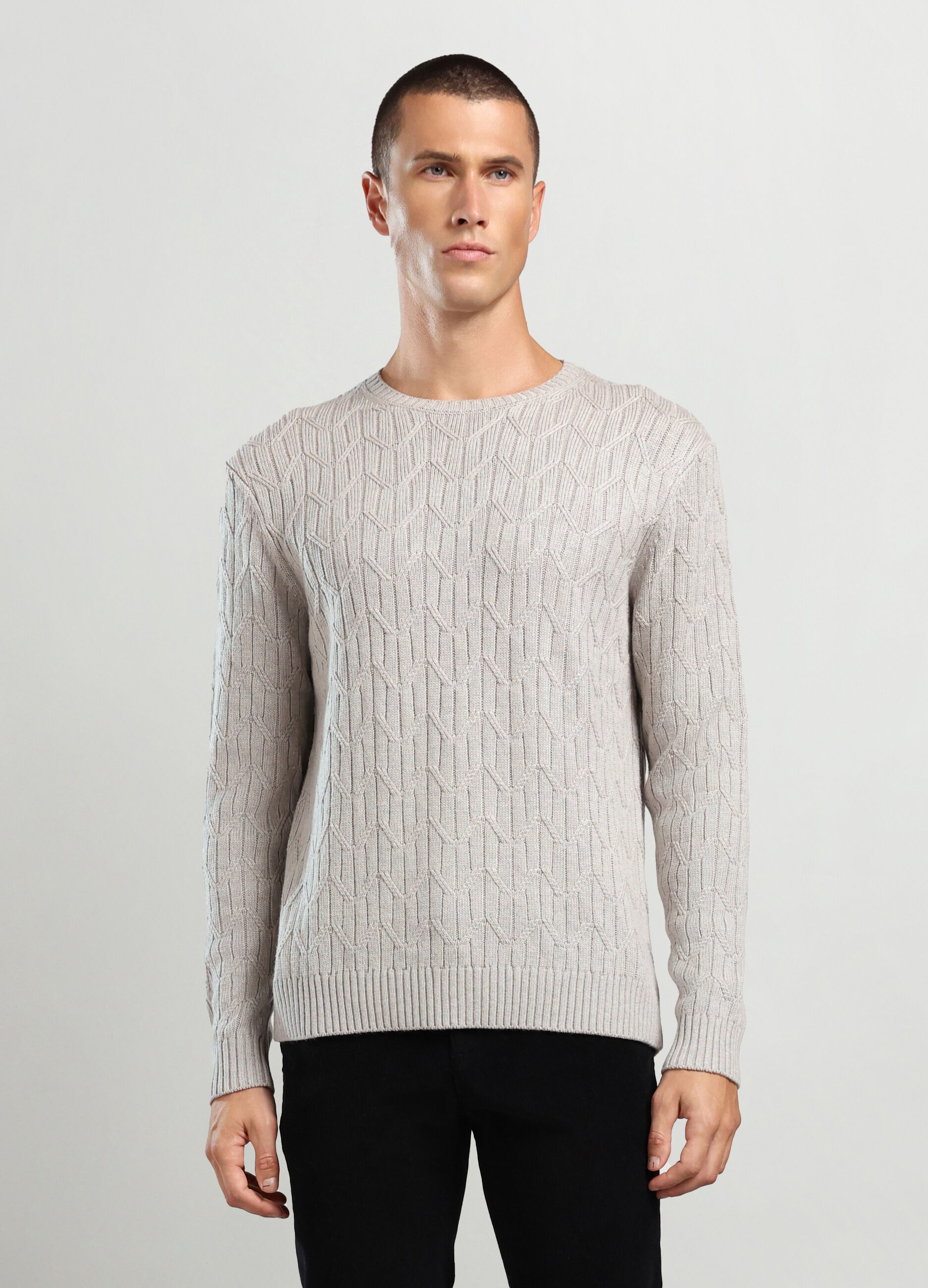 Maglione girocollo a trecce misto lana merino uomo_0