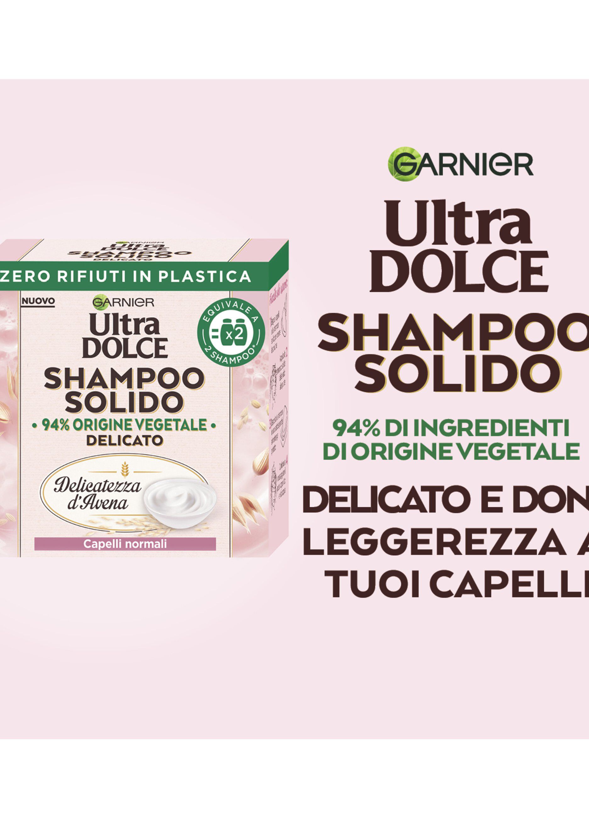 Garnier Ultra Dolce Shampoo Solido Delicatezza D’Avena, Per Cute sensibile e Capelli Delicati, Con packaging 100% ecologico plastic-free, 60 gr.