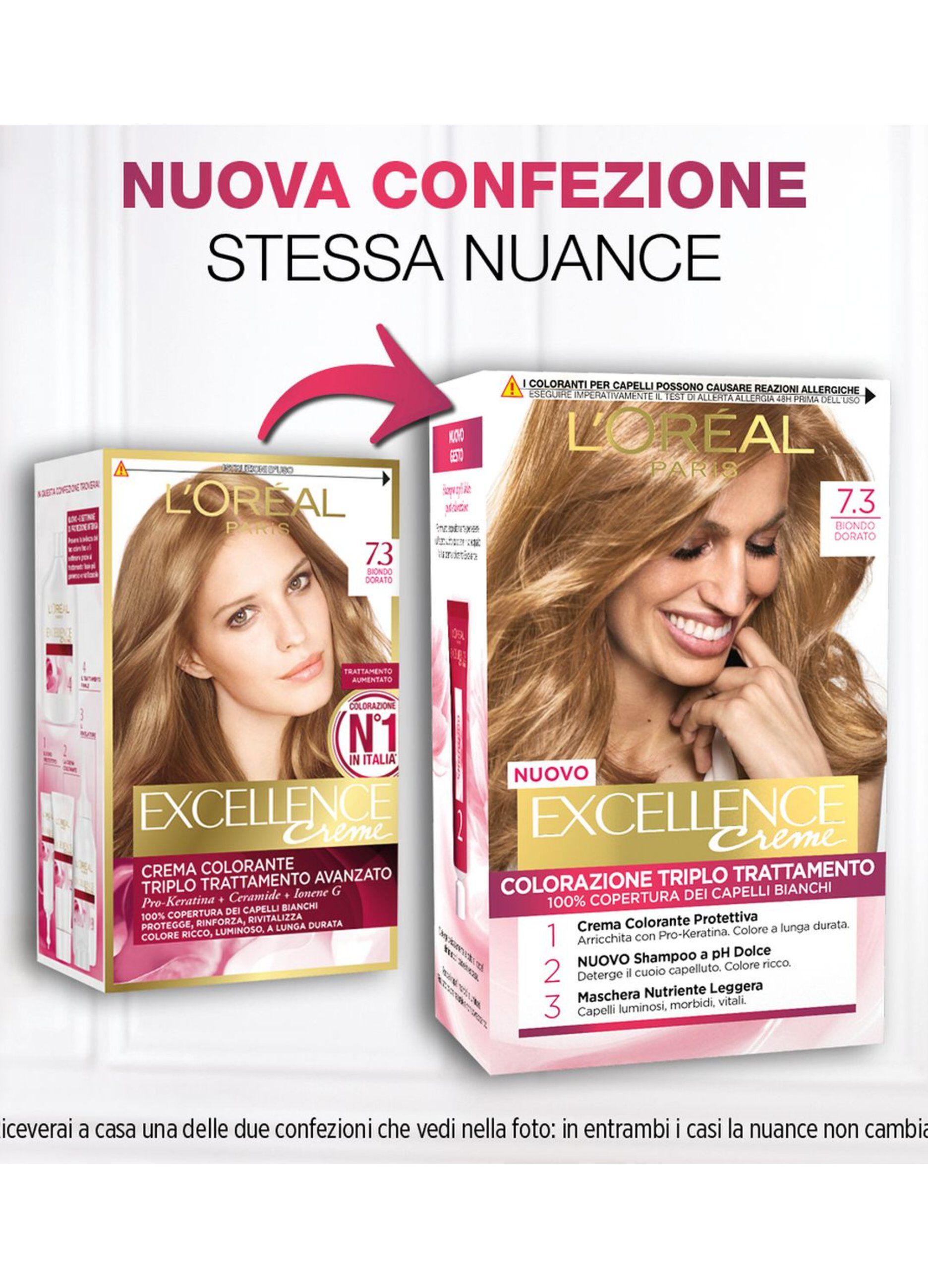 L'Oréal Paris Tinta Capelli Excellence, Copre i capelli bianchi, colore ricco, luminoso e a lunga durata, 7.3 Biondo Dorato.