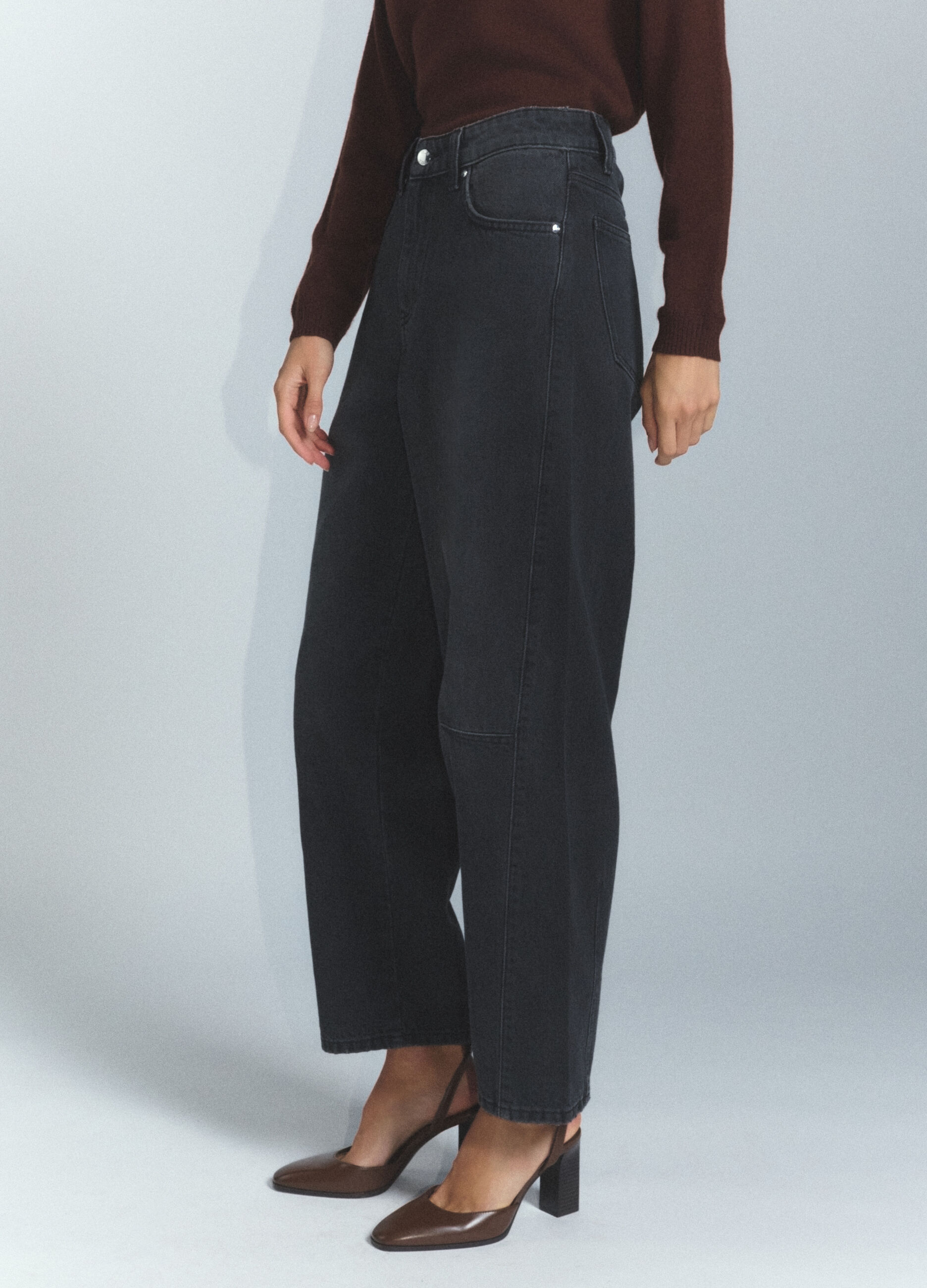 Pantaloni Barrel Fit in denim di puro cotone donna_3