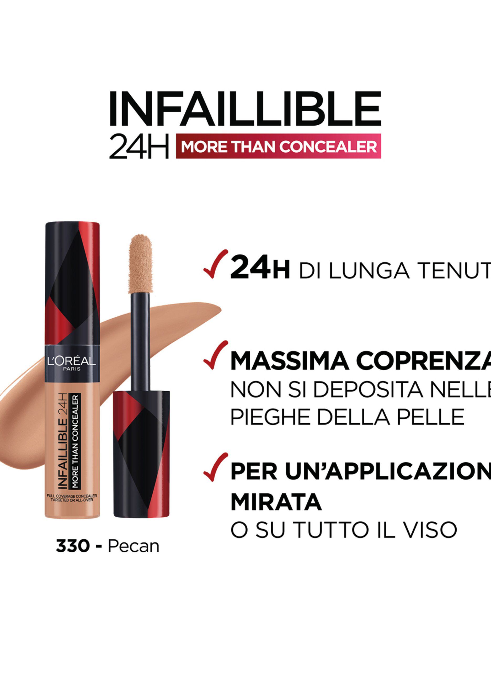 L'Oréal Paris Infaillible 24h More Than Concealer, Correttore liquido a lunga tenuta, 330 Pecan.