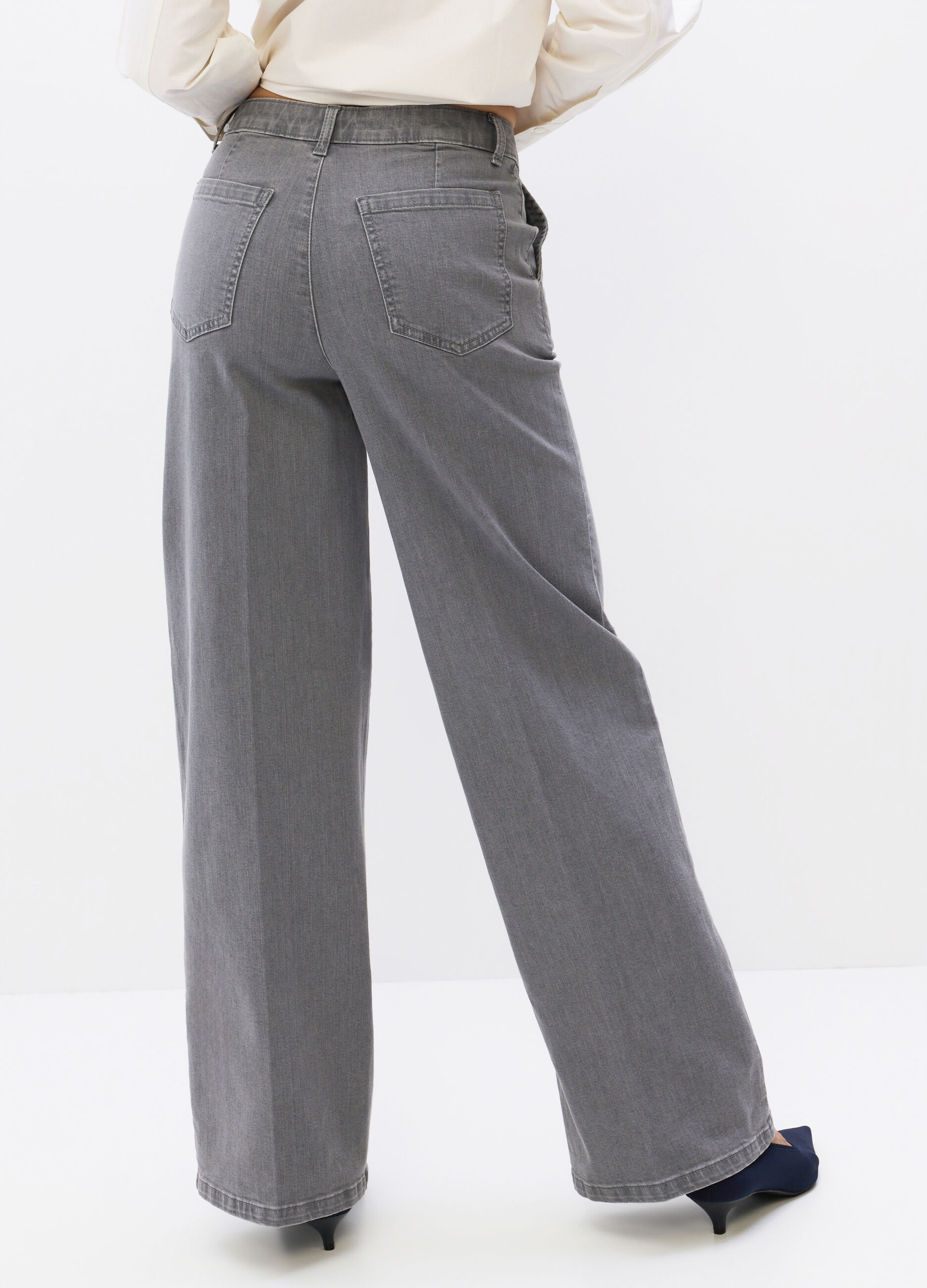 Pantaloni Wide Leg in denim di cotone stretch donna_1
