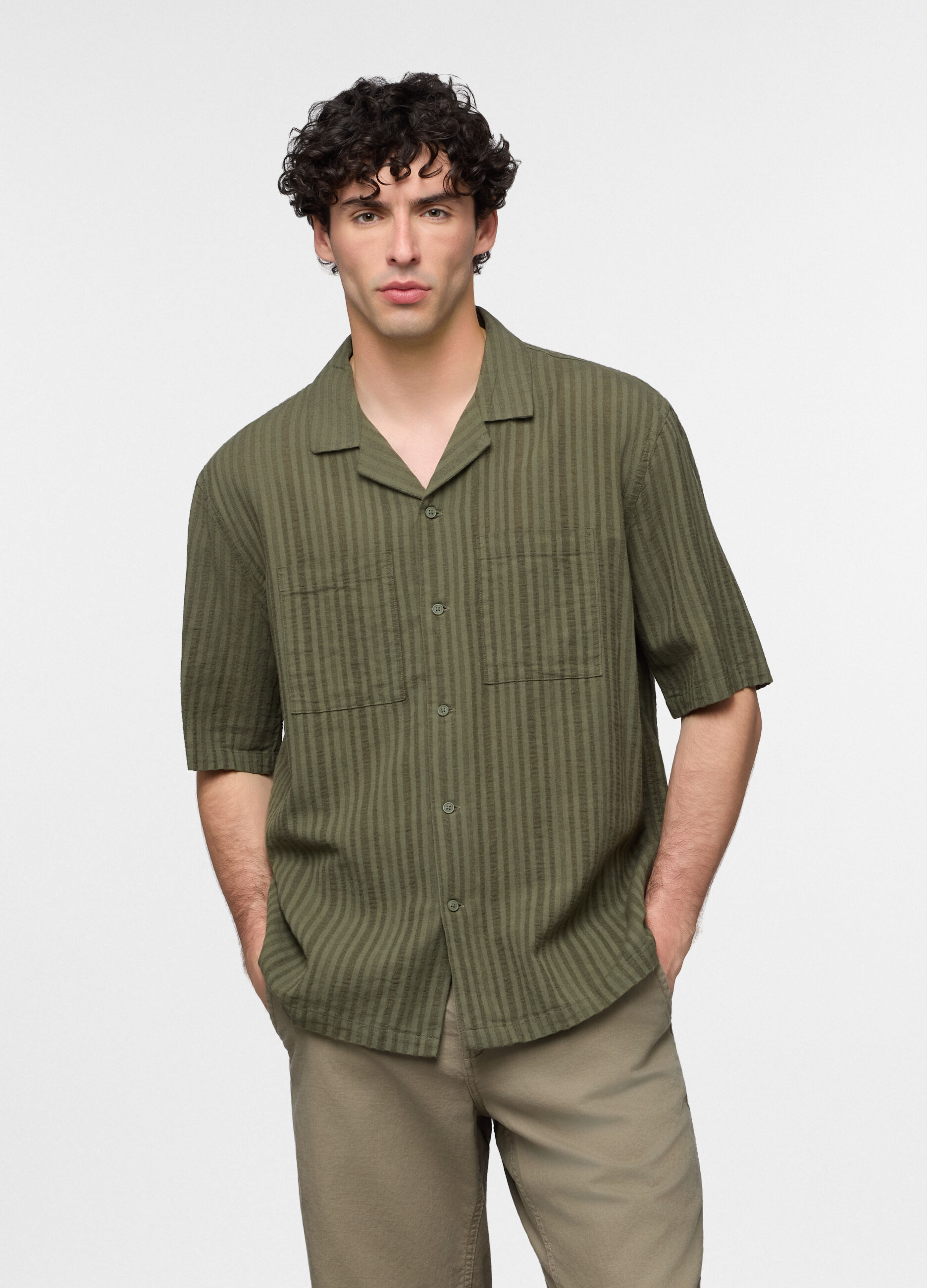 Camicia bowling a maniche corte in cotone e lino uomo_0