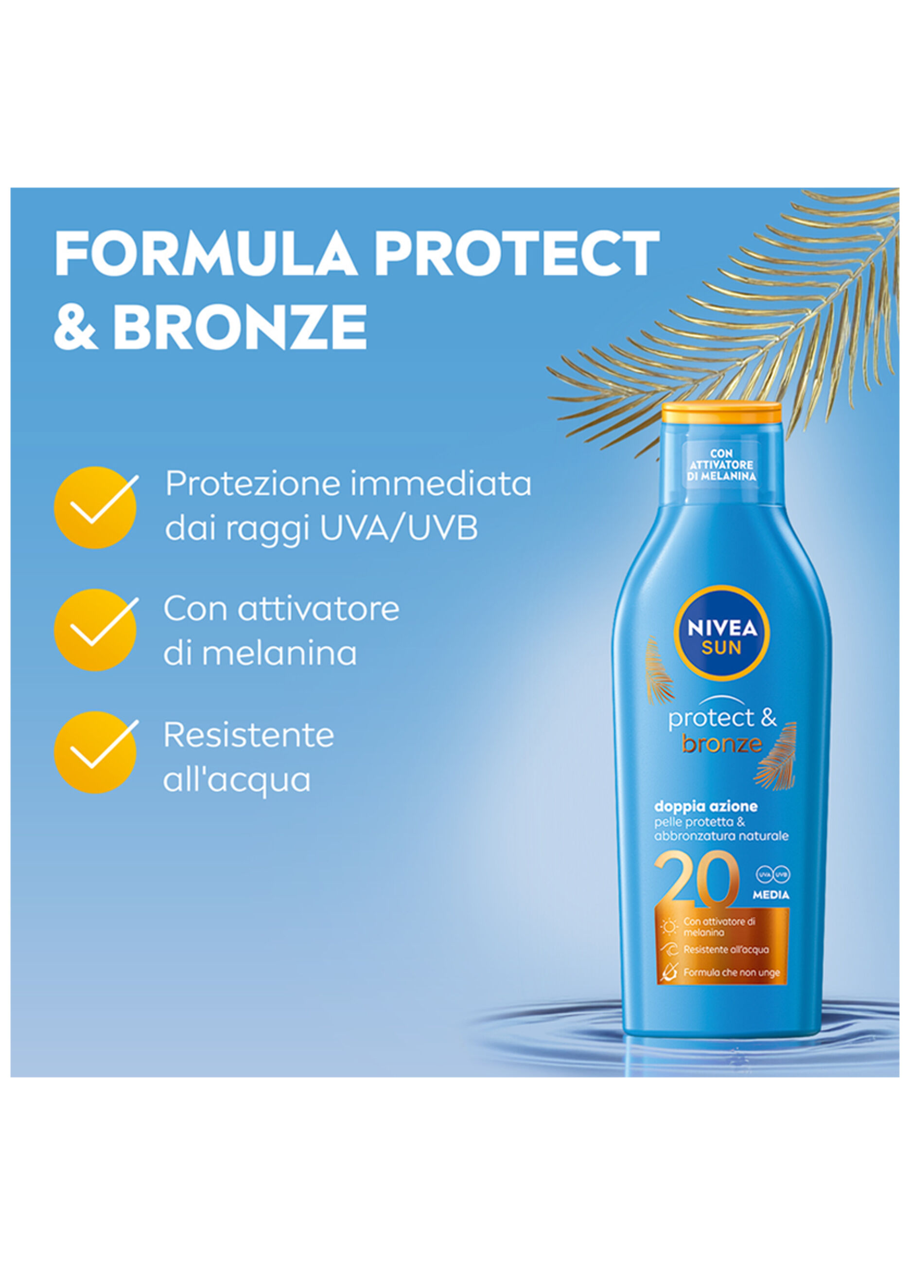 Nivea Sun Latte Solare Protect & Bronze FP20 200 ml, Crema solare 20 per un'abbronzatura dorata