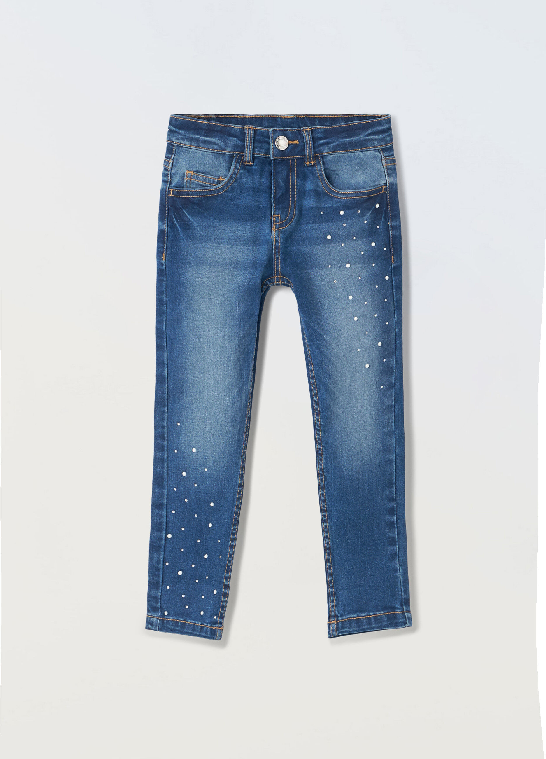 Jeans in denim stretch con strass bambina_0