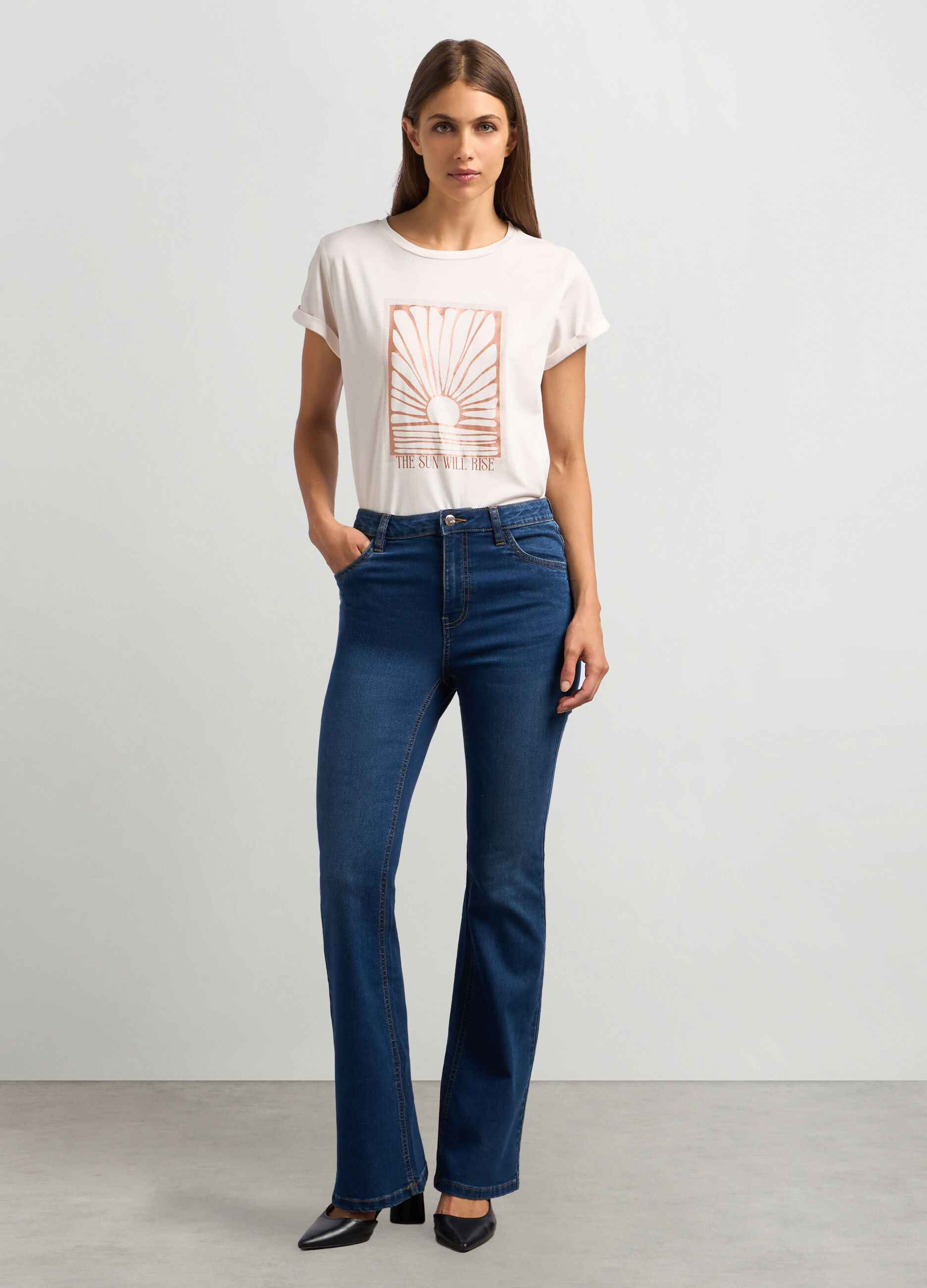 Pantaloni in denim di misto cotone stretch flare fit donna_0