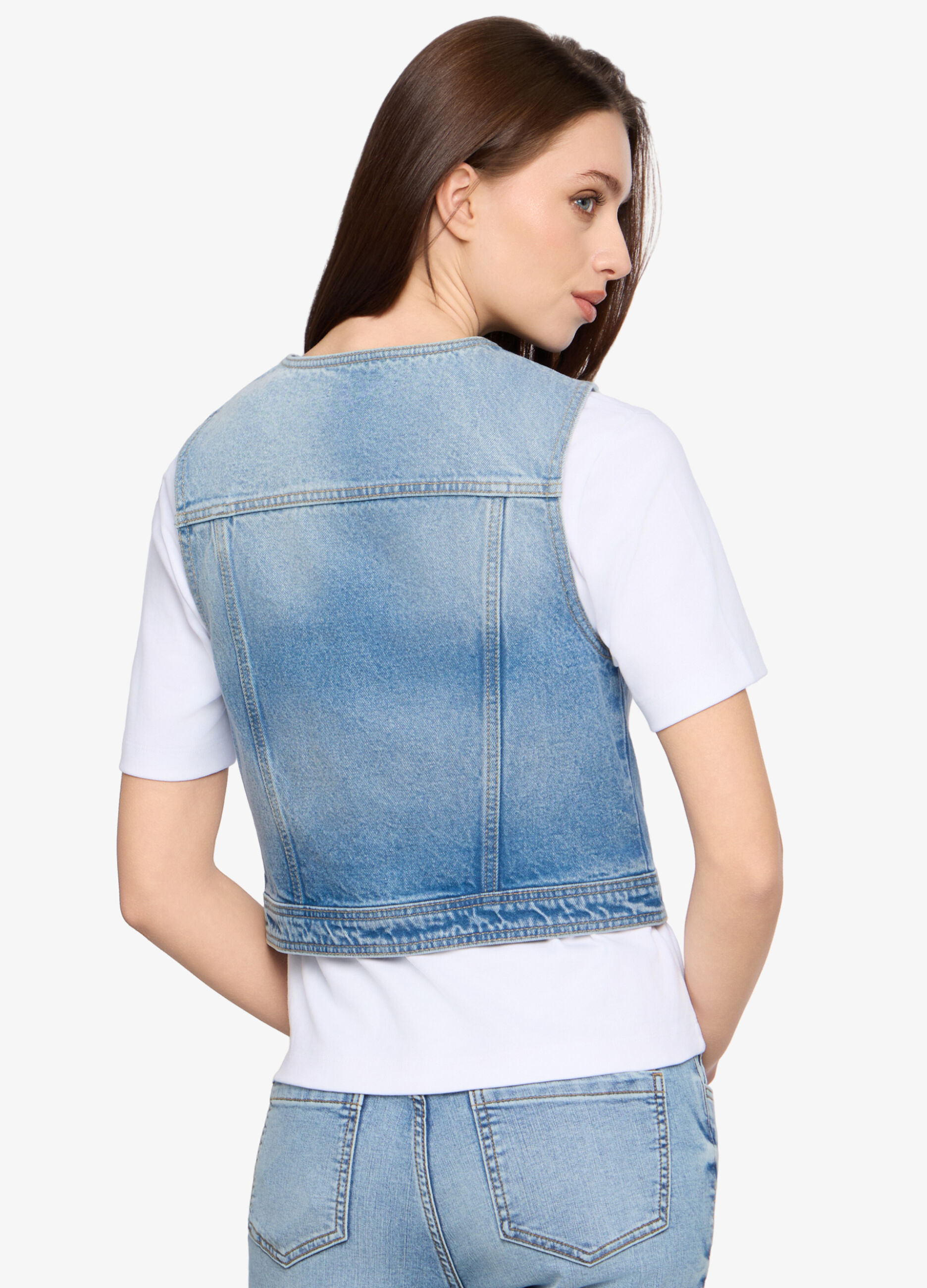 Gilet fit cropped in denim donna_1