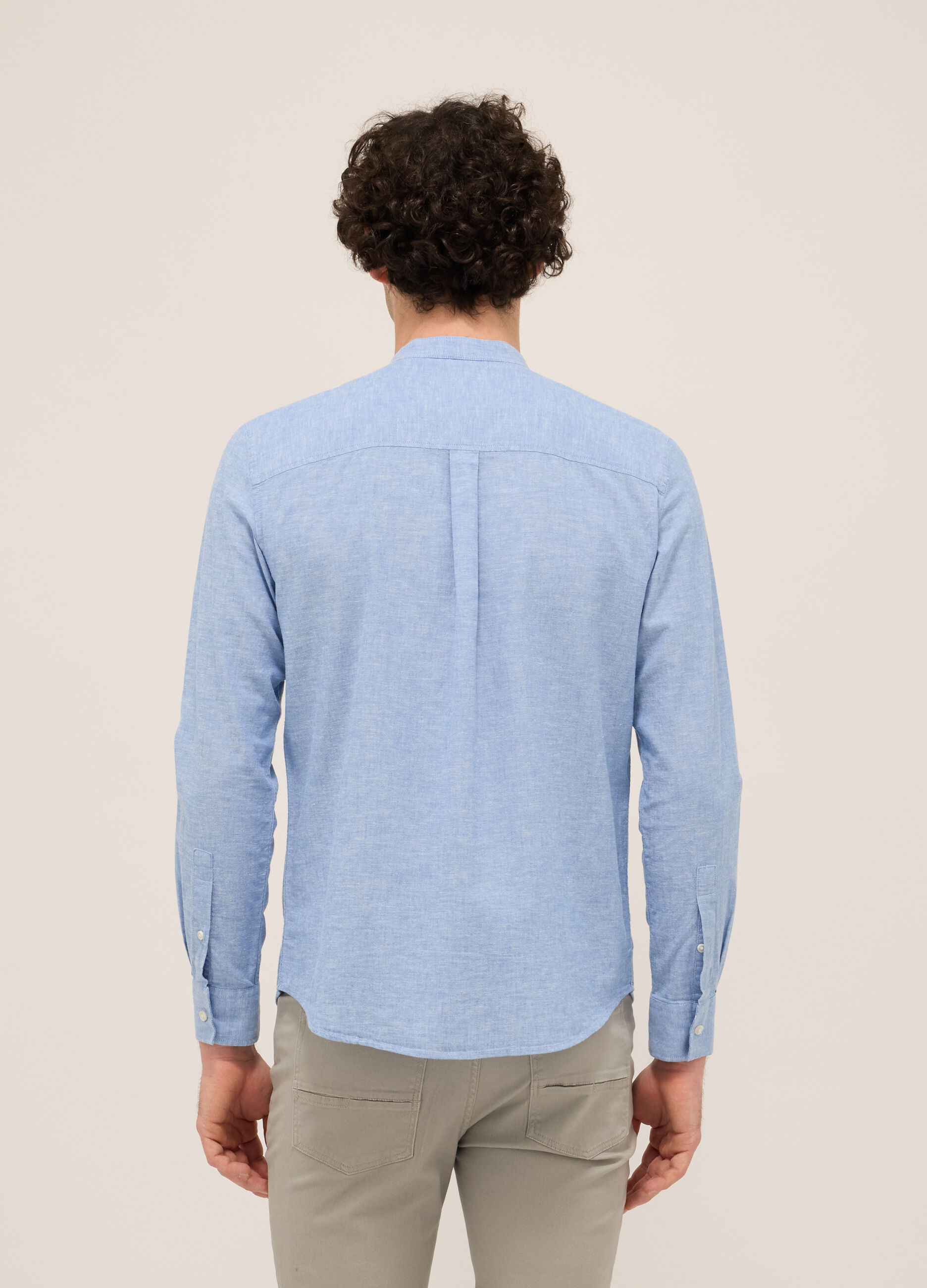 Camicia colletto alla coreana in cotone e lino uomo_1