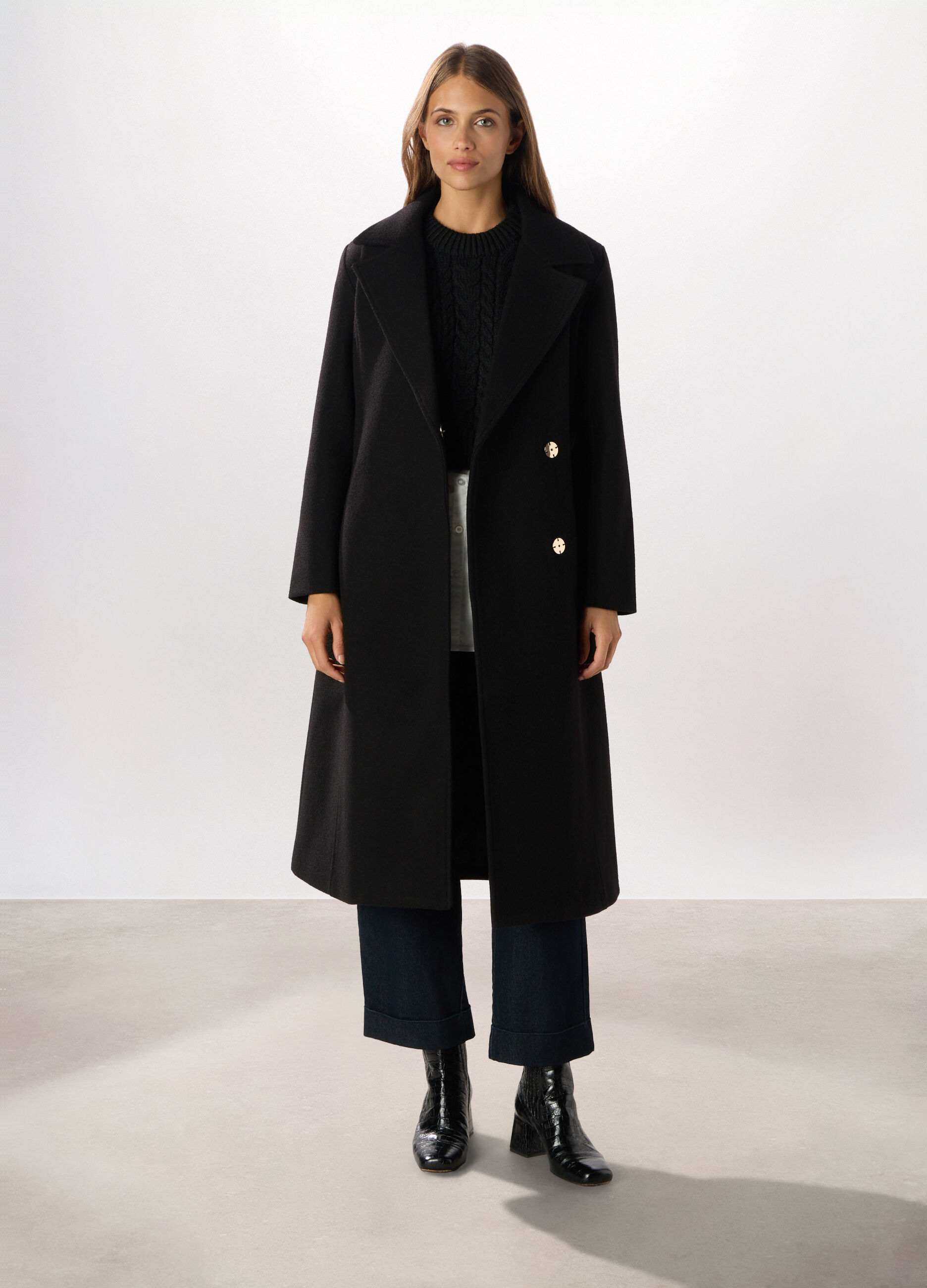 Cappotto lungo con collo revers donna_0