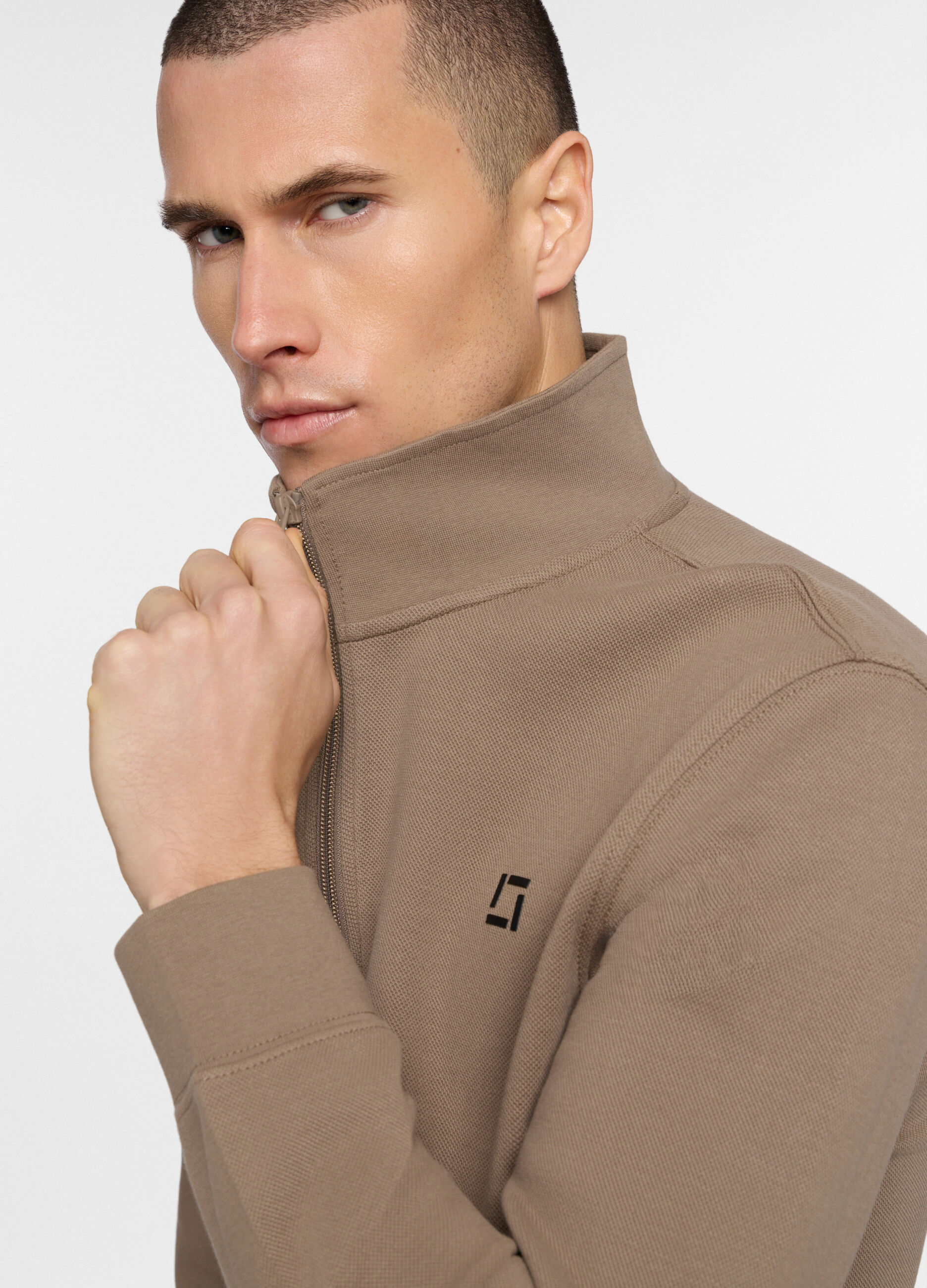 Felpa con mezza zip in piquet misto cotone uomo_2