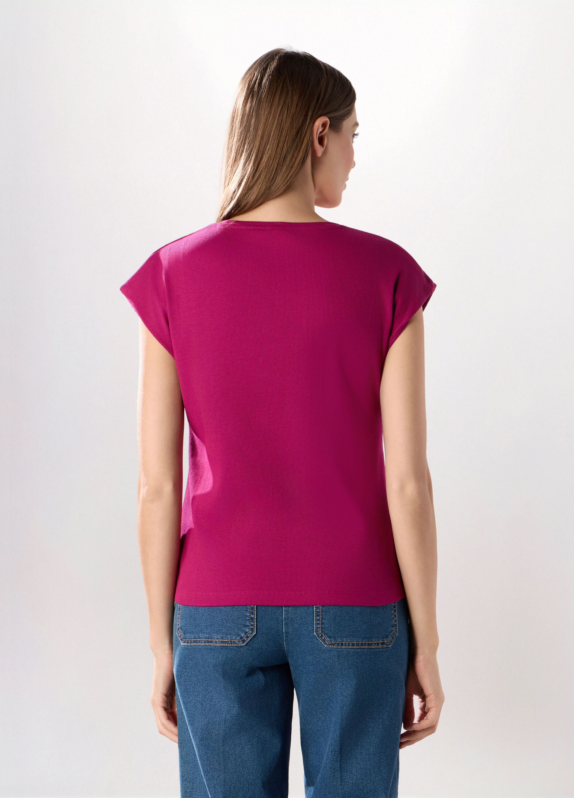 T-shirt in costina di cotone stretch donna_1