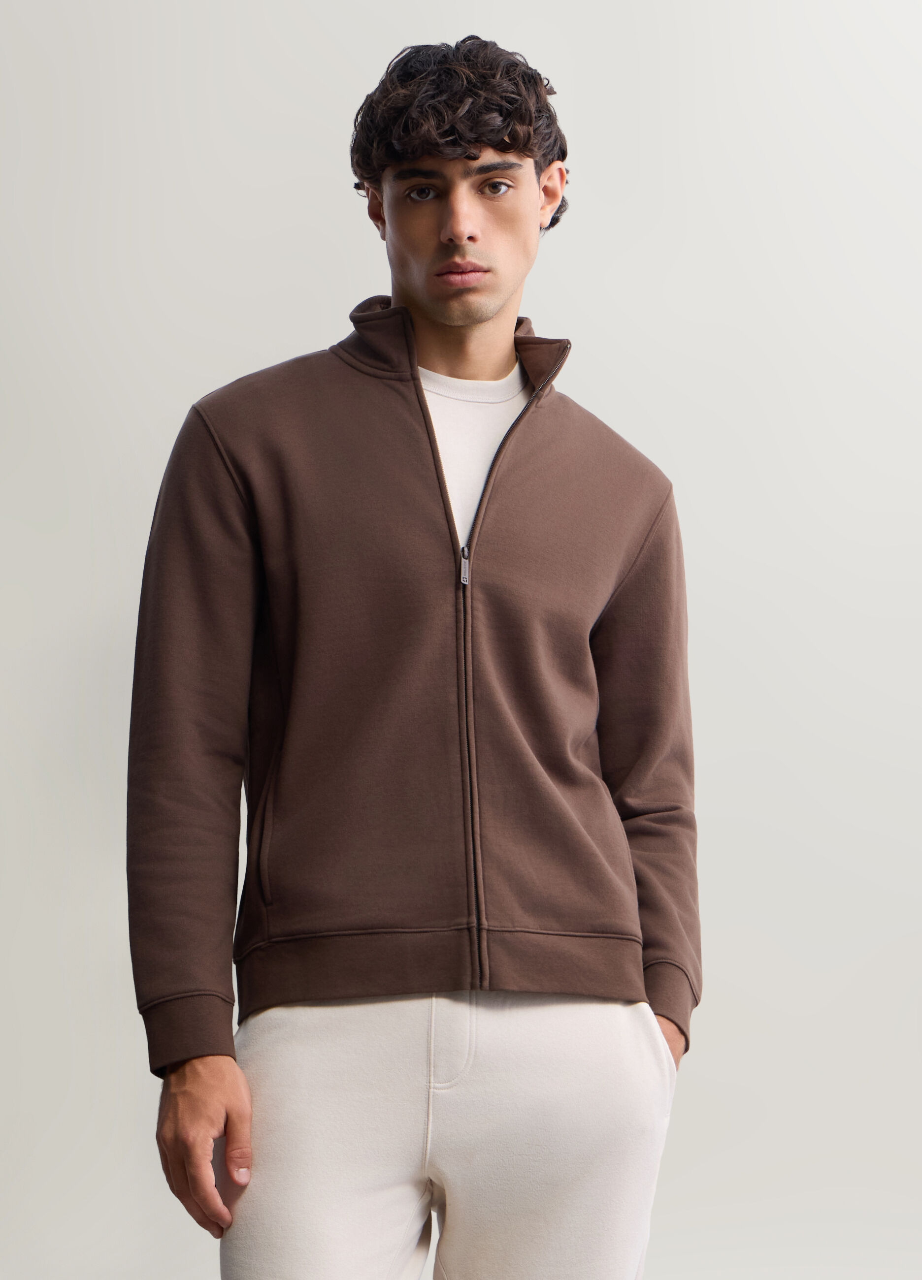 Felpa lupetto con zip in misto cotone uomo_0