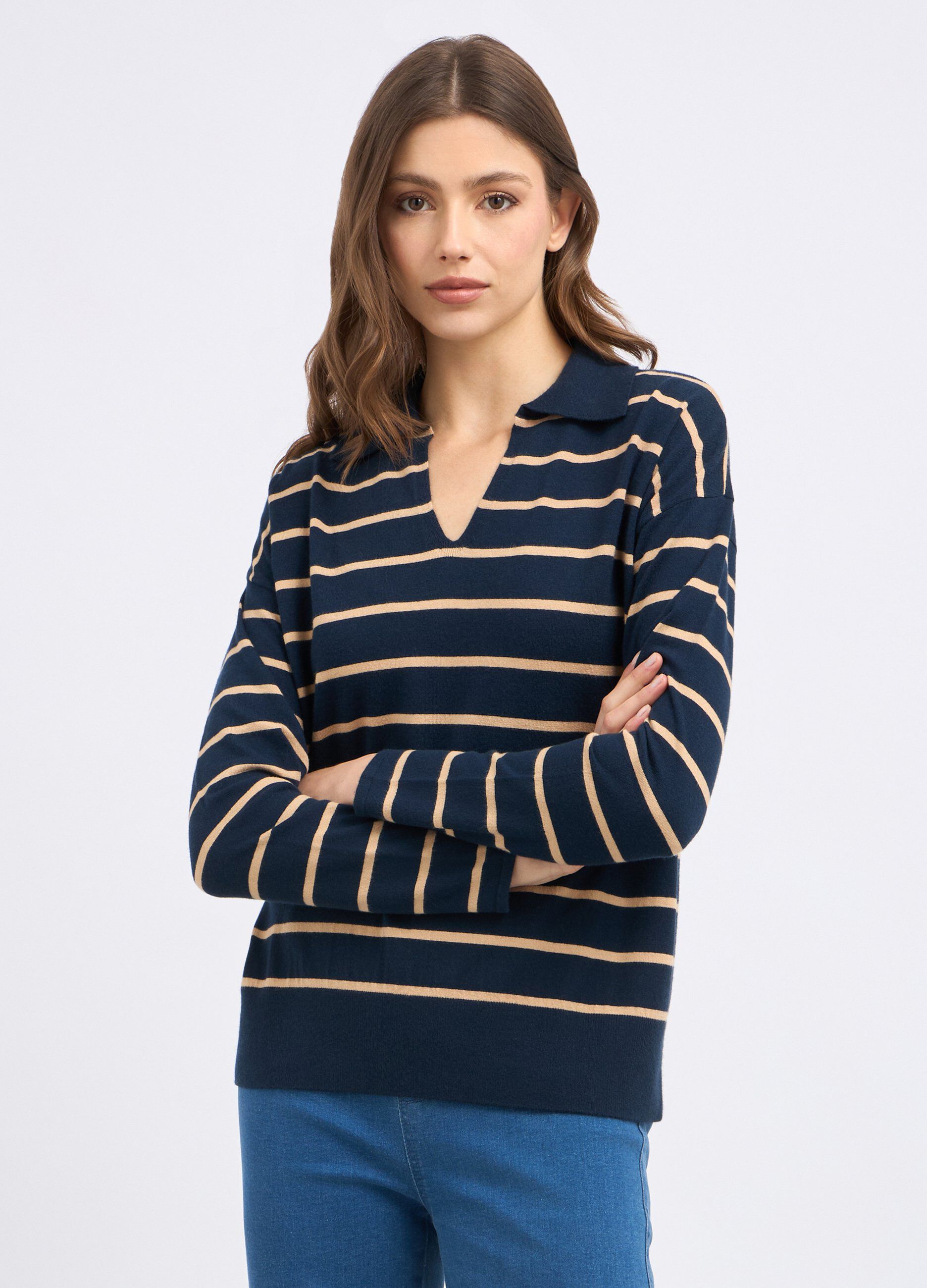 Maglia polo tricot rigata in misto viscosa donna
