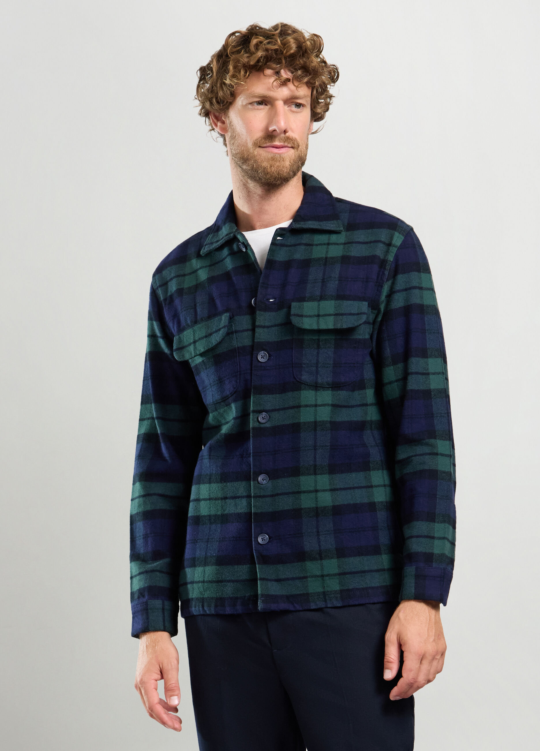 Shirt jacket colletto francese in cotone stretch uomo_0