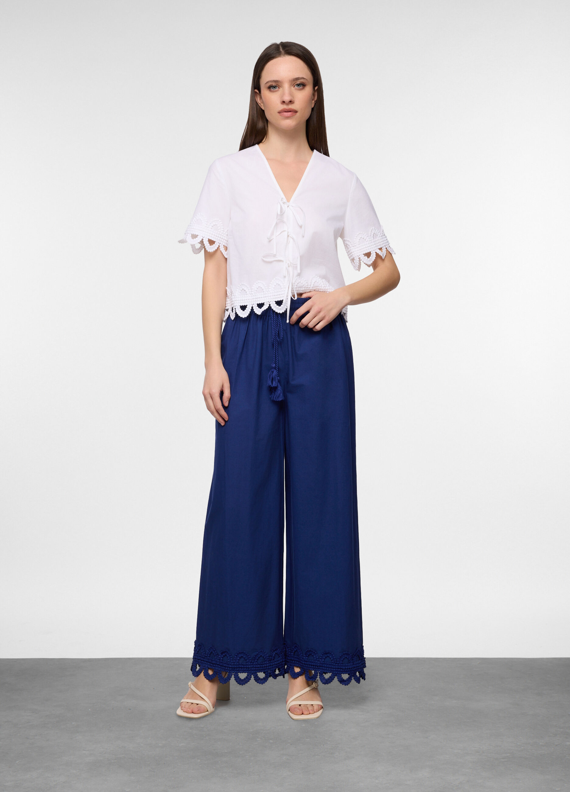 Pantaloni palazzo wide leg in popeline di puro cotone donna_0