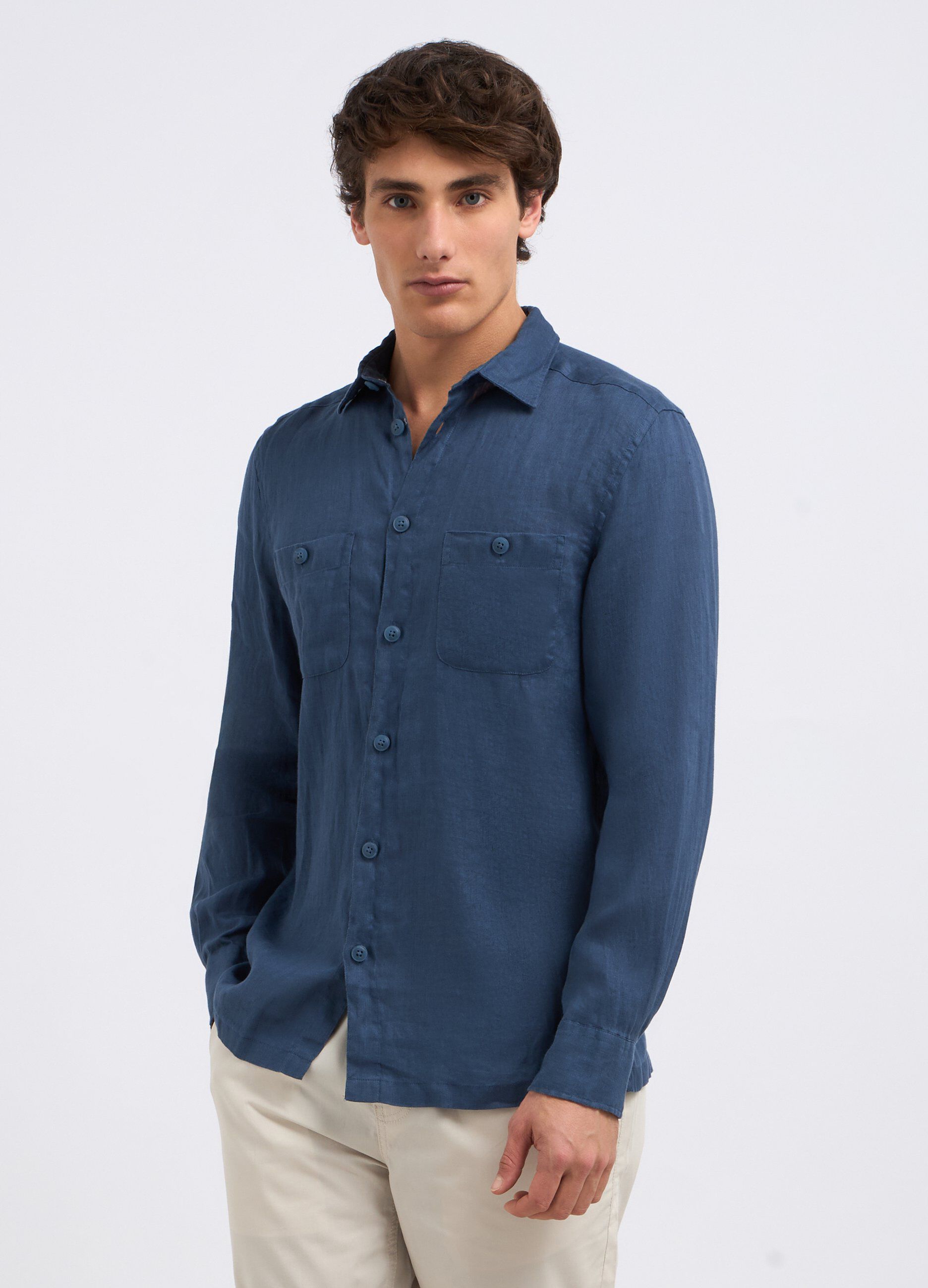 Camicia in puro lino con taschini uomo_0